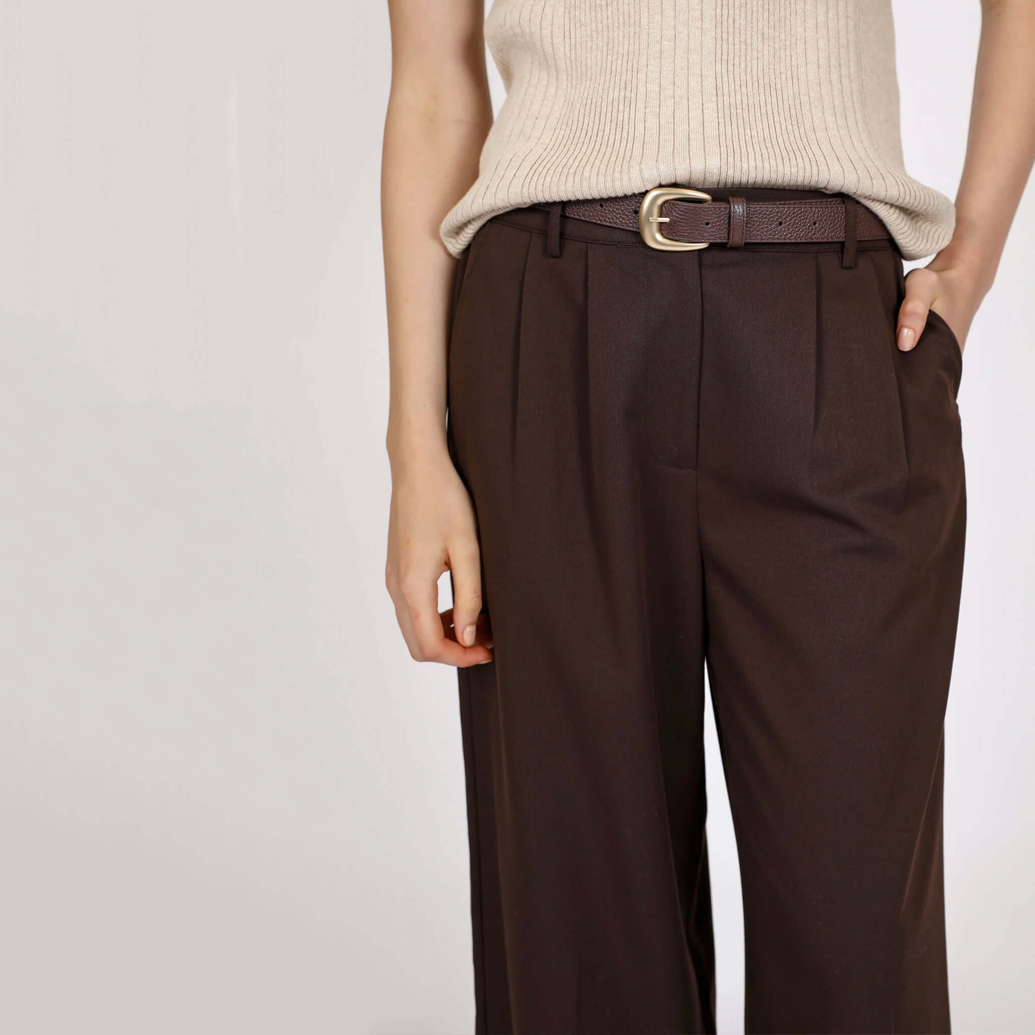 Alt Tag: Marlow Mode Pants - Java wide-leg full-length pleated trousers in rich brown with belt and side pockets