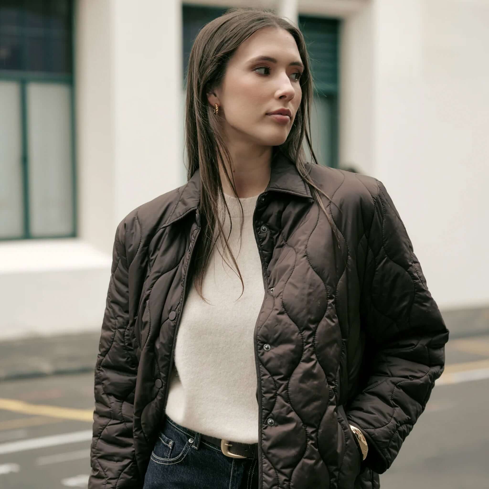 Marlow Toronto Quilted Jacket - Java worn by a model in soft natural light, showcasing its stylish quilted design.