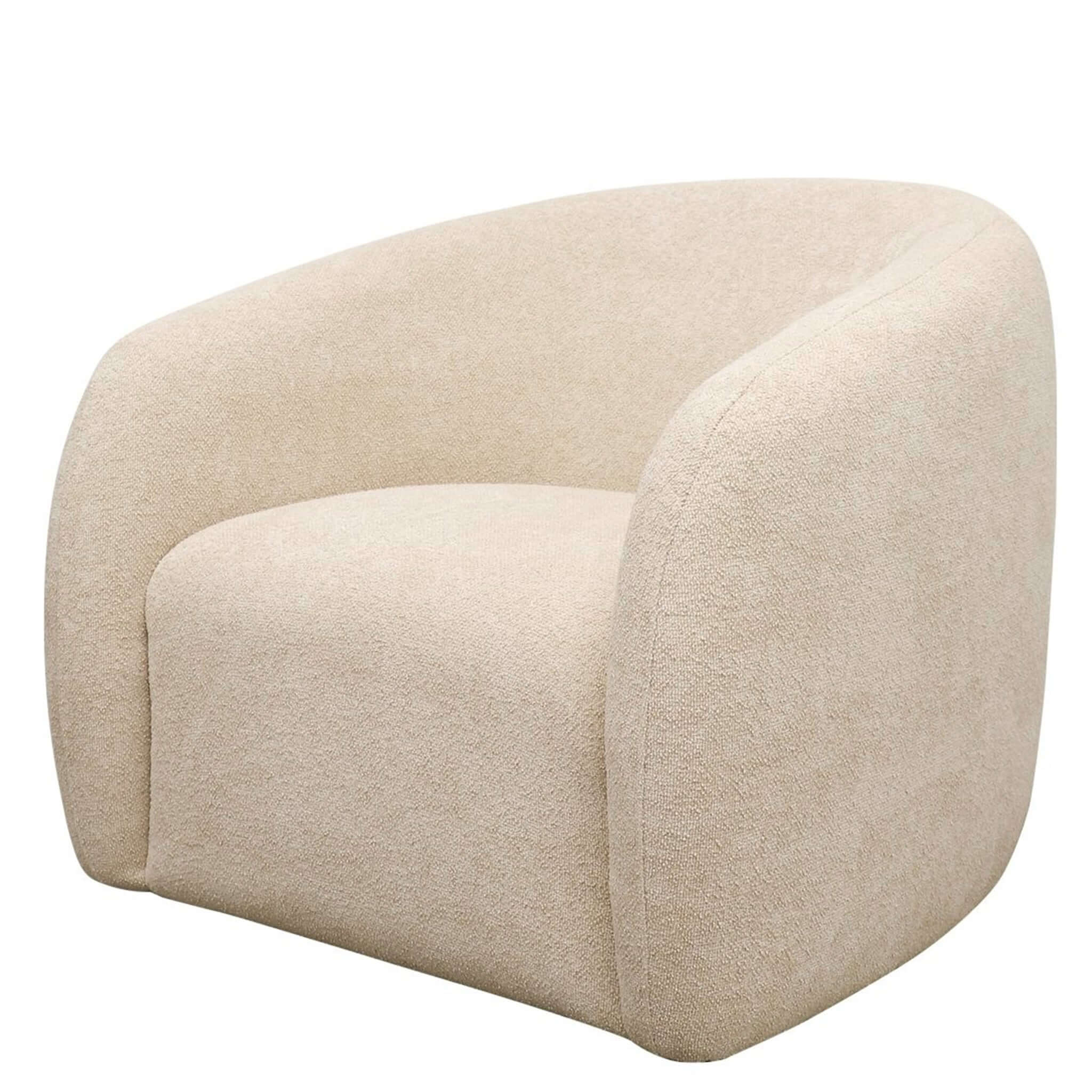 Alt Tag: Max Swivel Chair in cream bouclé fabric with curved arms, supportive high back and roomy seat for modern comfort