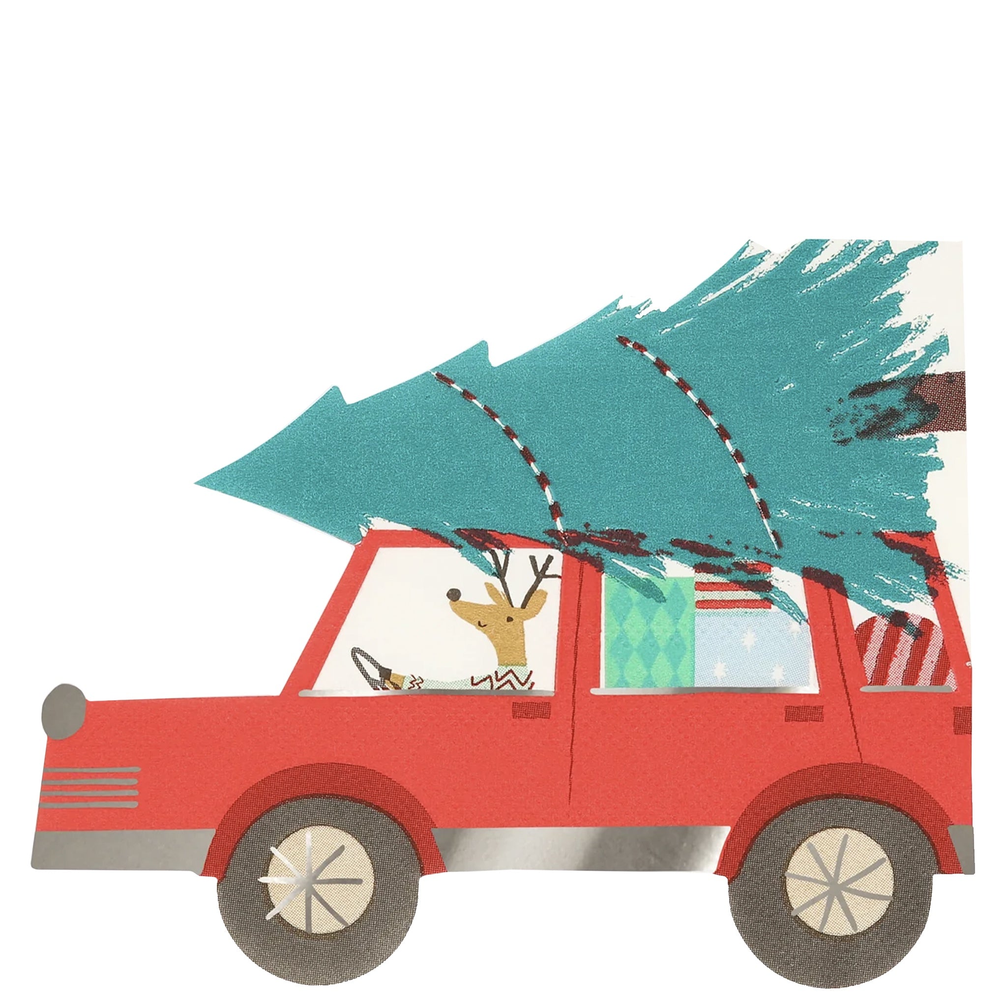 Reindeer driving a car with a Christmas Tree on top paper napkins.