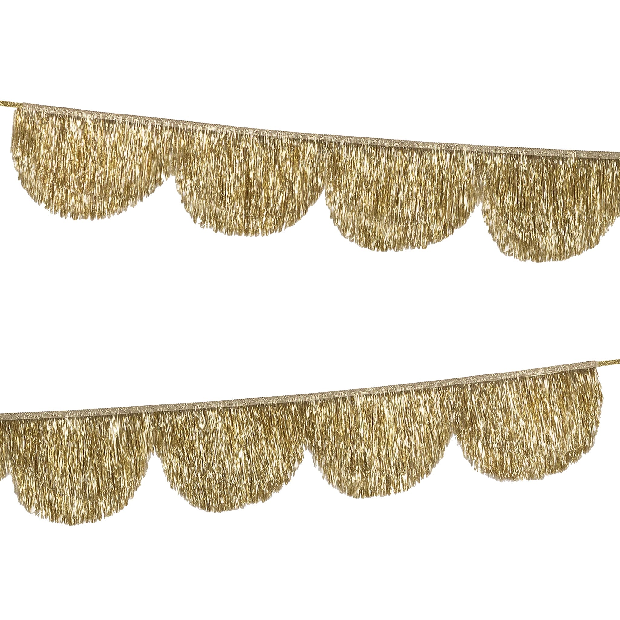 Gold tinsel fringe garland on a white background