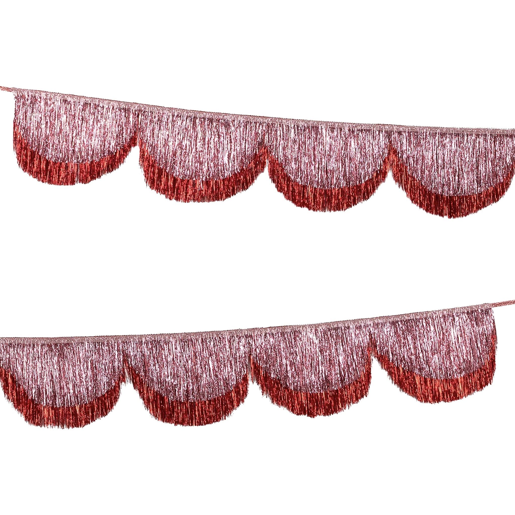 Pink metallic fringe garland on a white background