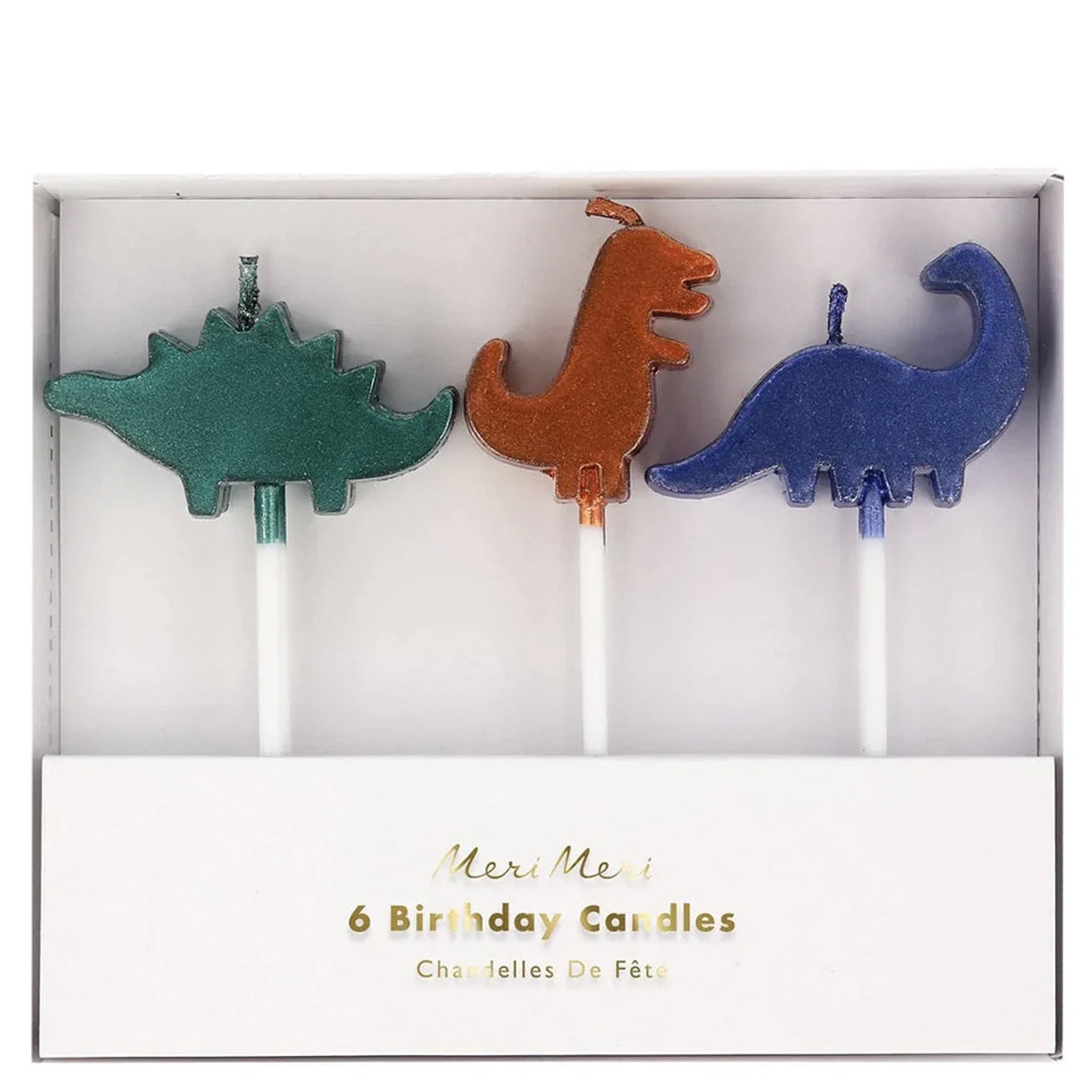 Dinosaur birthday candles on a white background.