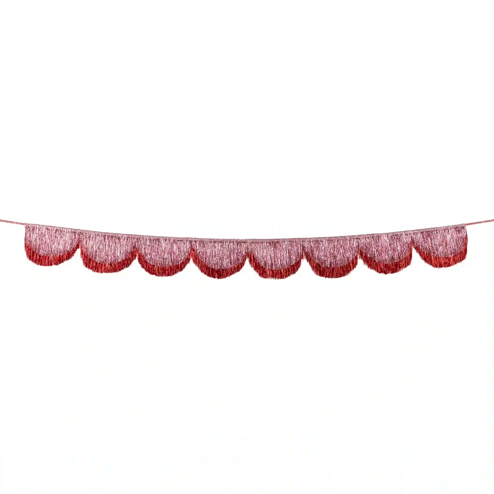 Pink metallic fringe garland on a white background