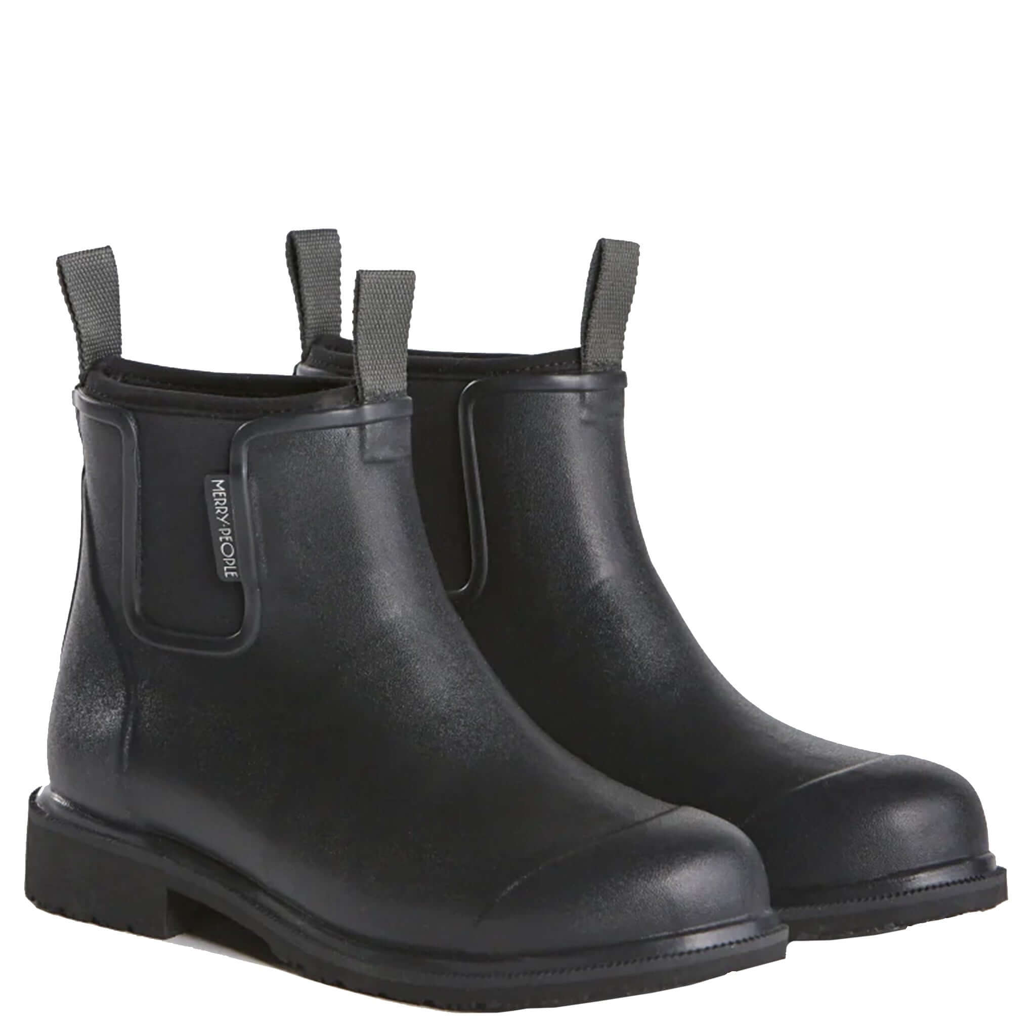 Alt Tag: Merry People Bobbi Ankle Boots - Black waterproof natural rubber rain boots with neoprene lining and arch support