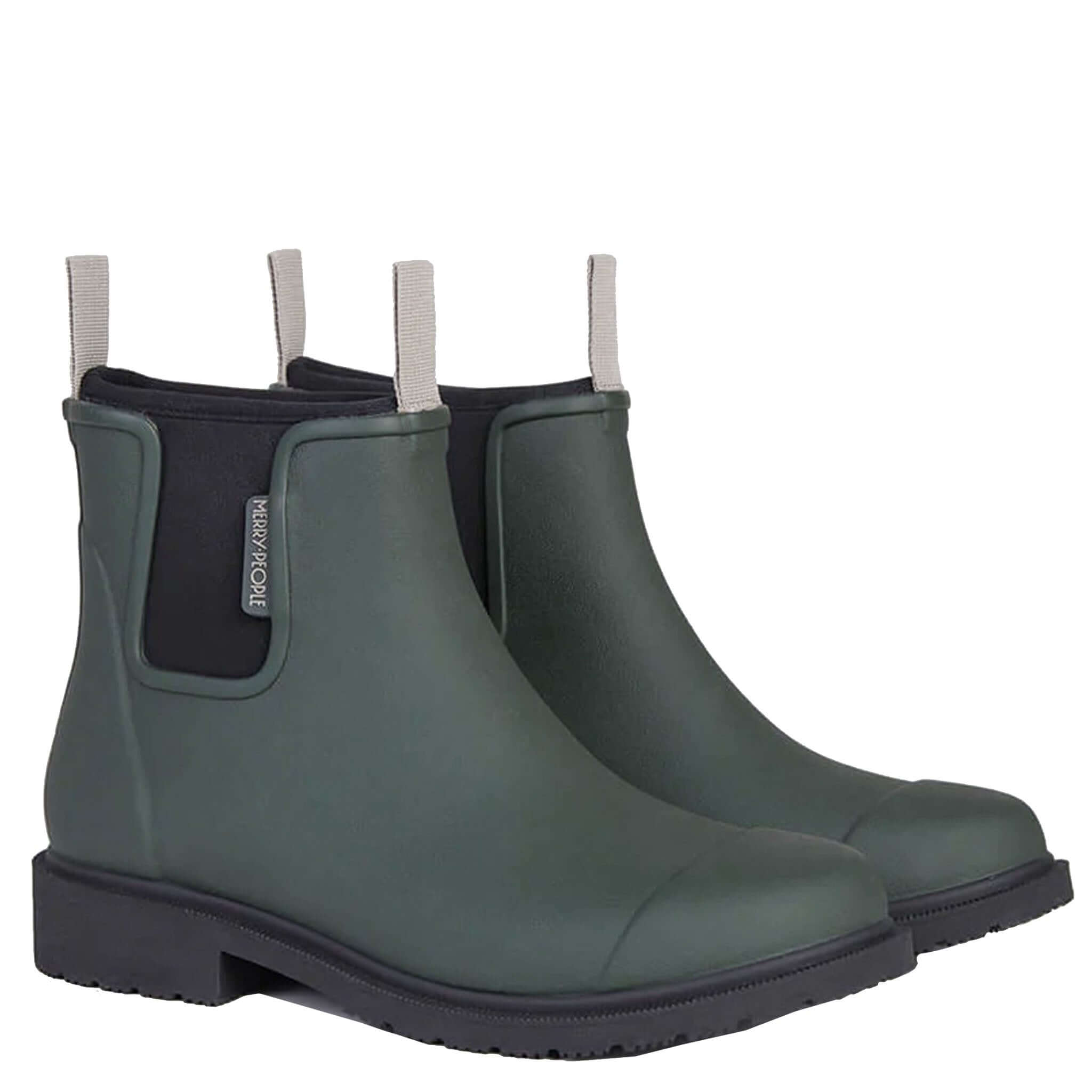 Alt Tag: Merry People Bobbi Ankle Boots - Forest Green waterproof natural rubber ankle rain boots with neoprene lining, side view pair