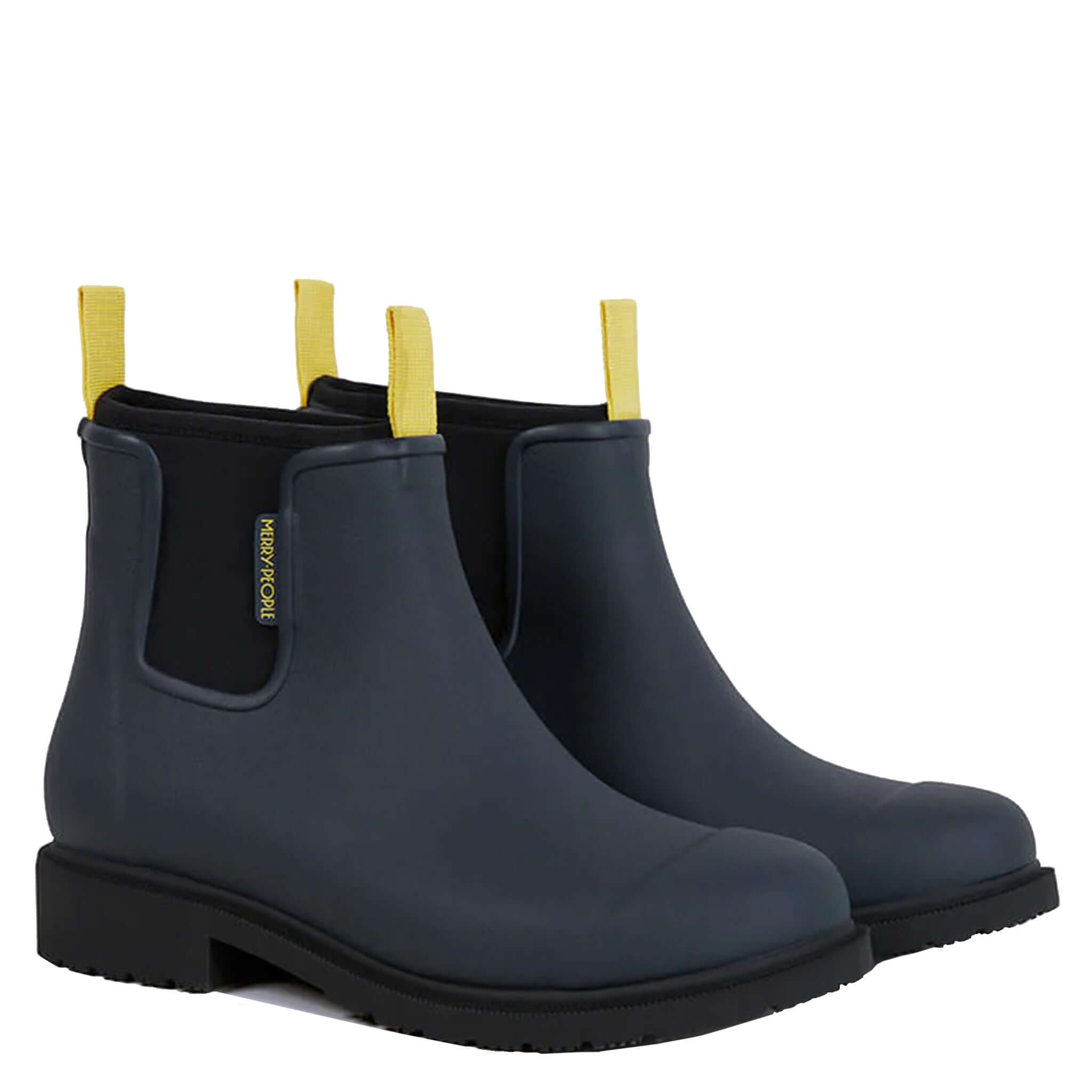 Alt Tag: Merry People Bobbi Ankle Boots - Midnight Blue waterproof natural rubber ankle rain boots with neoprene lining, side view