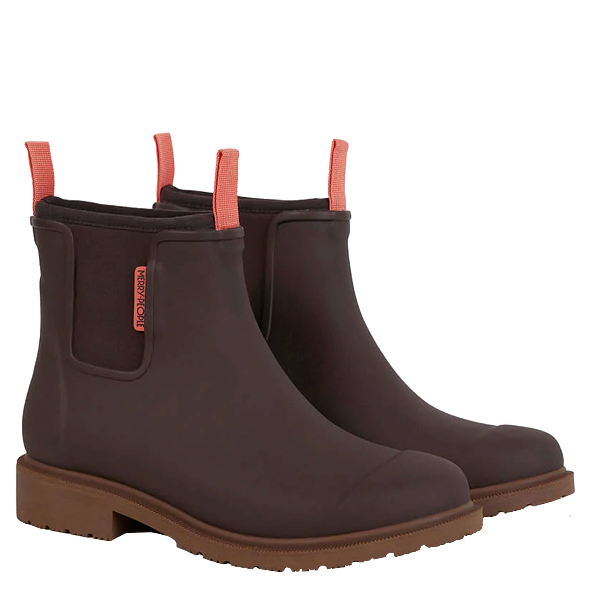 Alt Tag: Merry People Bobbi Ankle Boots - Mocha waterproof natural rubber rain boots with neoprene lining, arch support and removable insoles