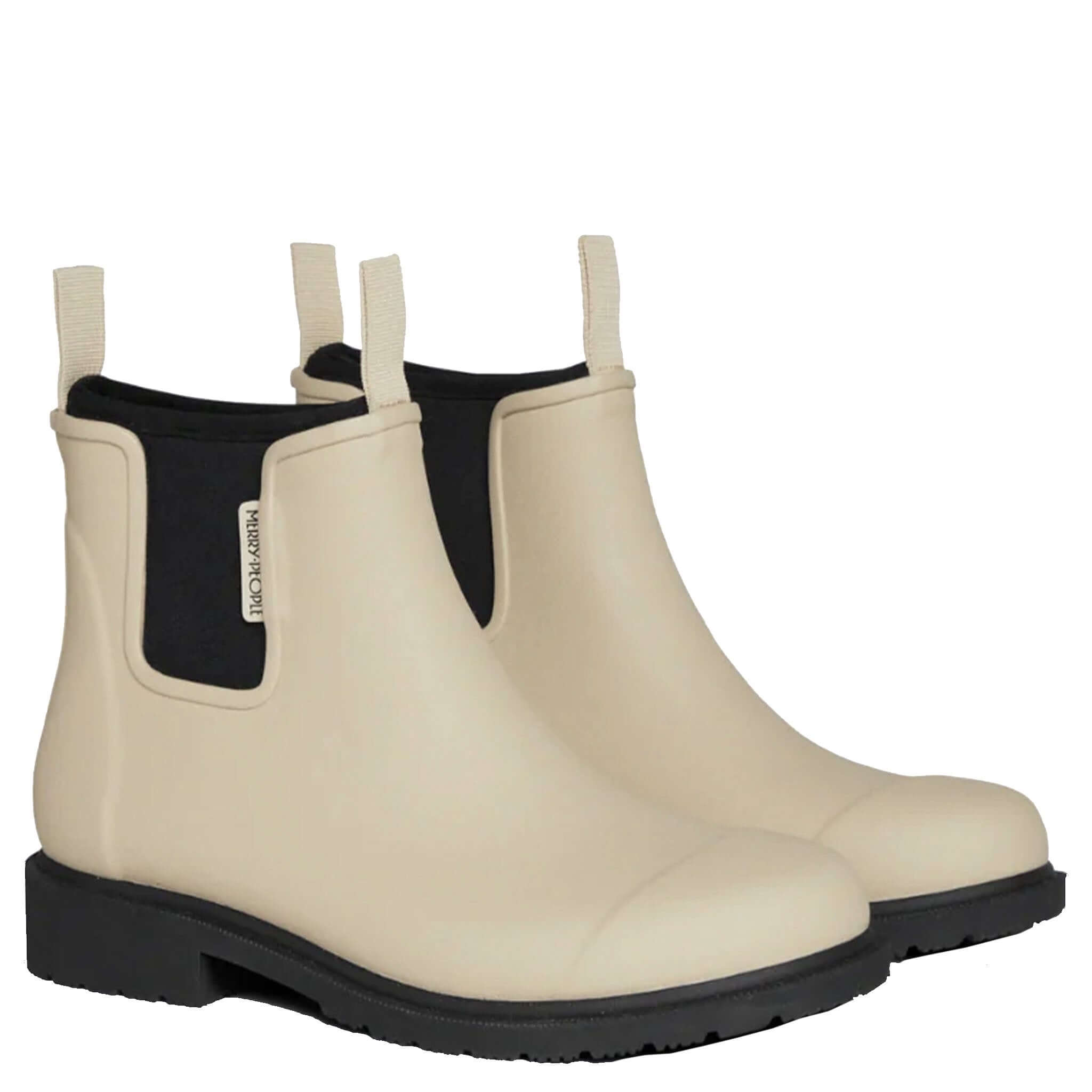 Alt Tag: Merry People Bobbi Ankle Boots - Sand waterproof natural rubber rain boots with neoprene lining and arch support