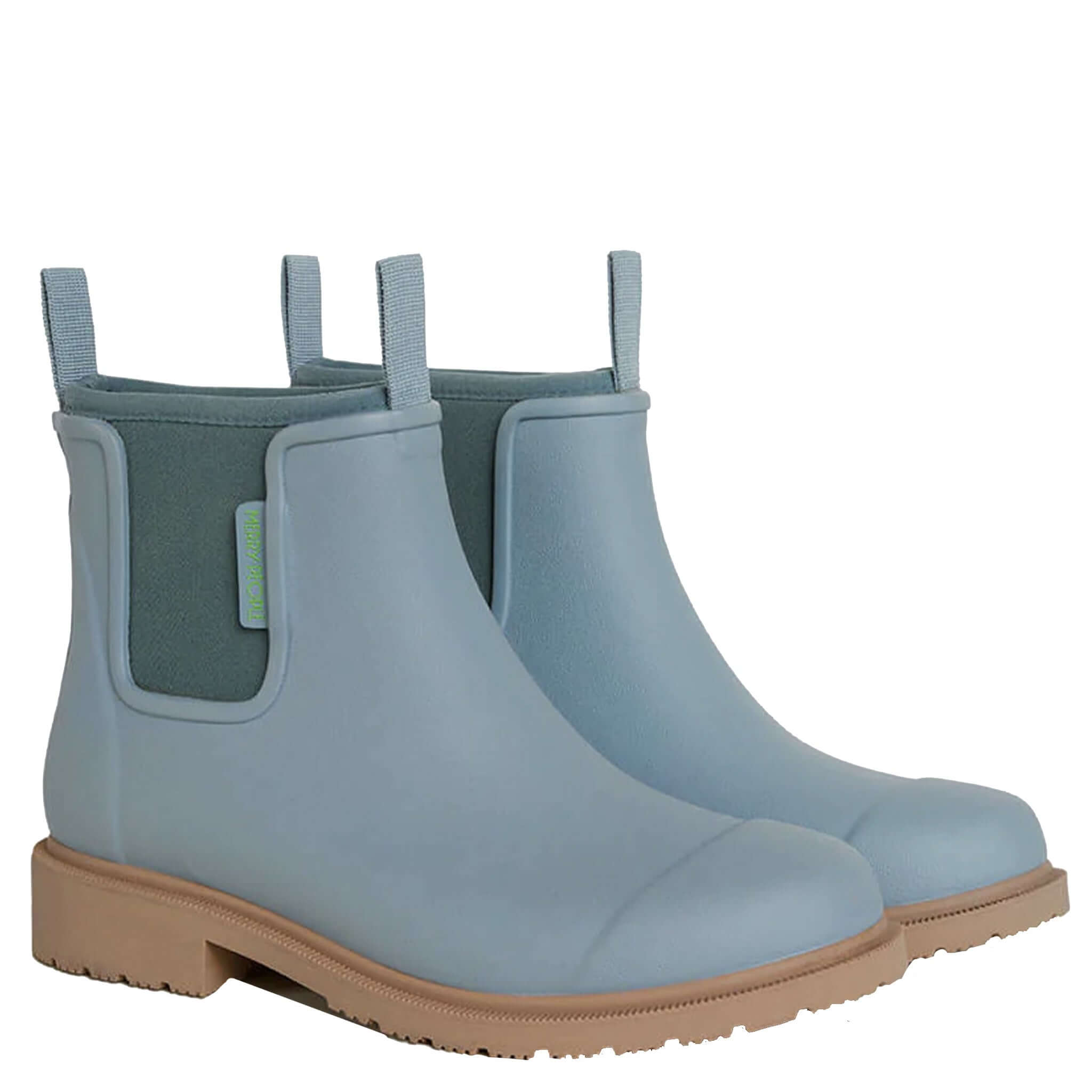 Alt Tag: Merry People Bobbi Ankle Boots - Sea Foam waterproof natural rubber rain boots with neoprene lining, arch support and removable insoles