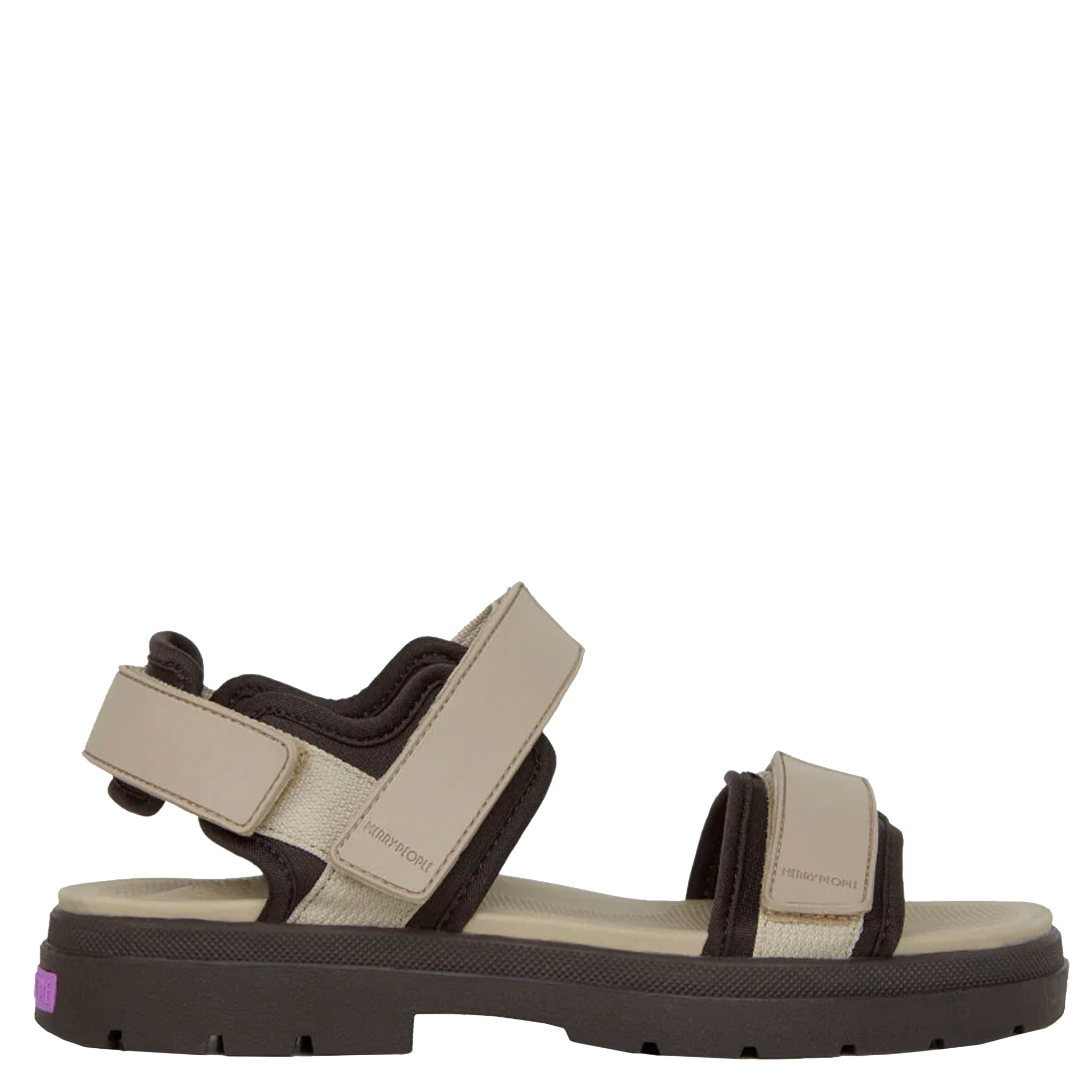 Beige and black sandal with strap design on a white background