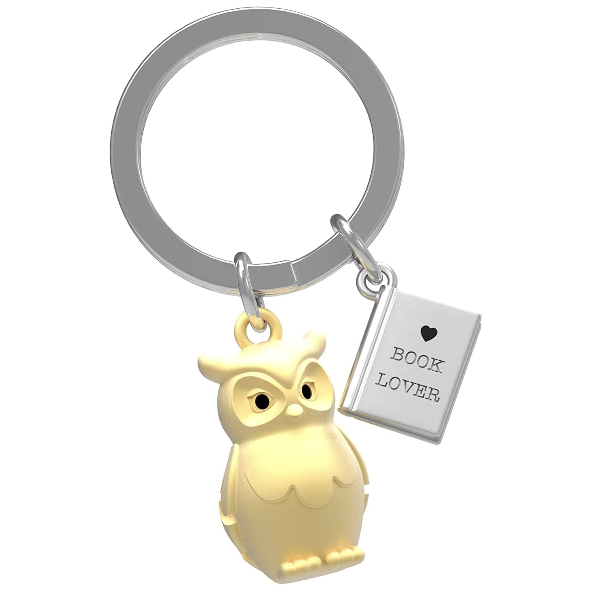 Keychain with owl charm and 'Book Lover' tag on a white background