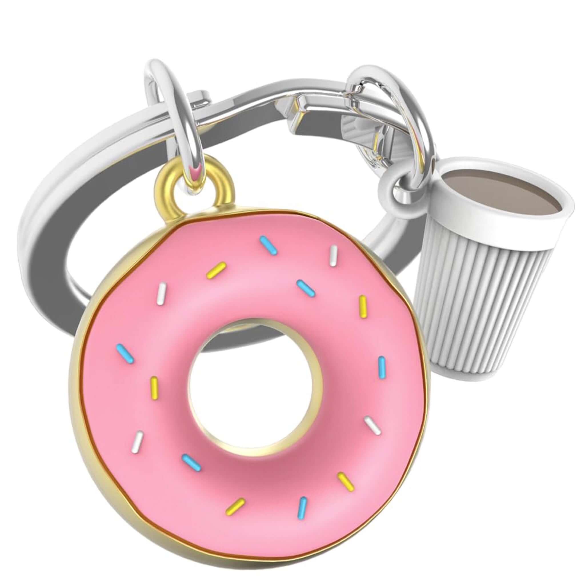Keychain with pink donut charm and silver carabiner on a white background