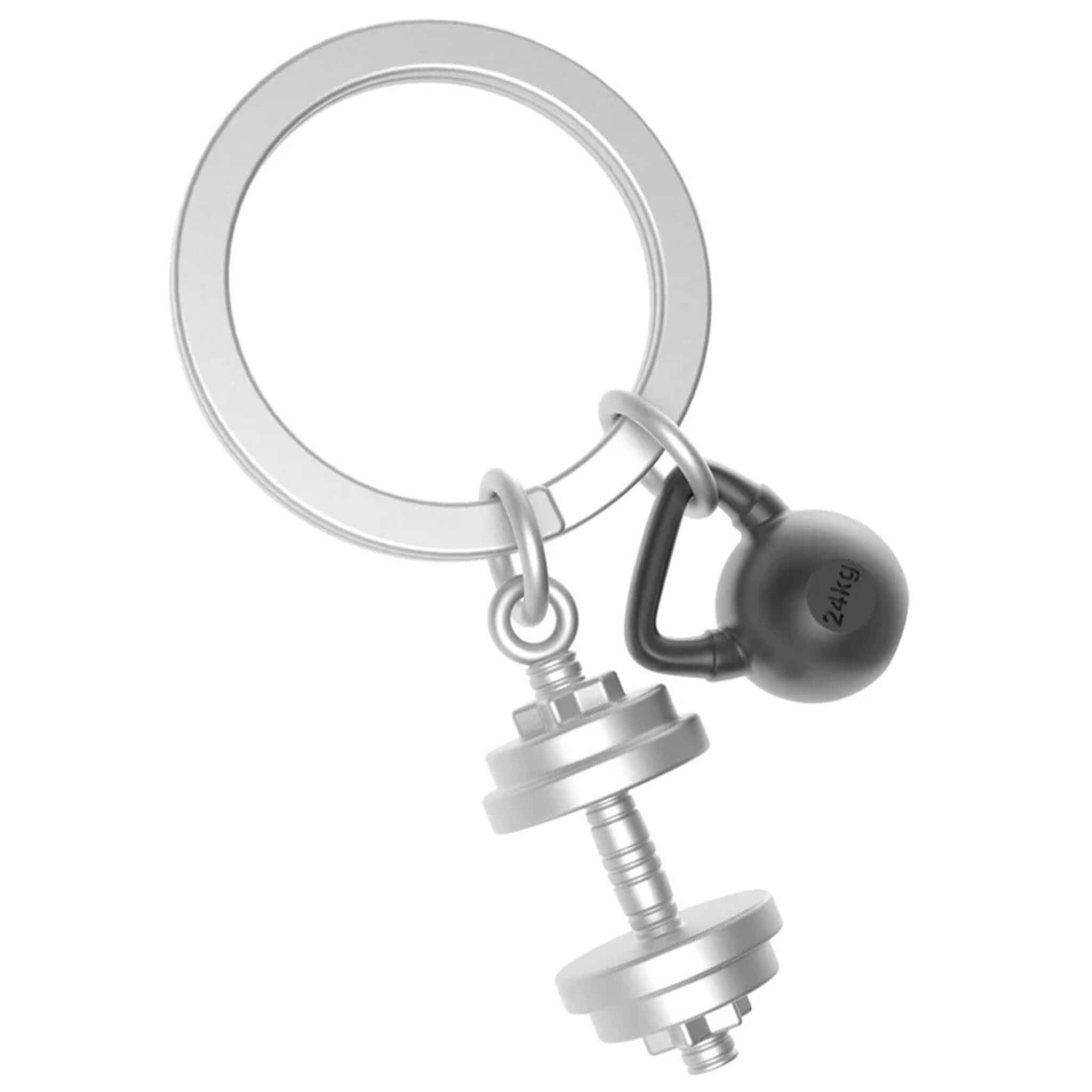 A 3D keyring designed to look like gym weights, with a silver split ring and black accents.