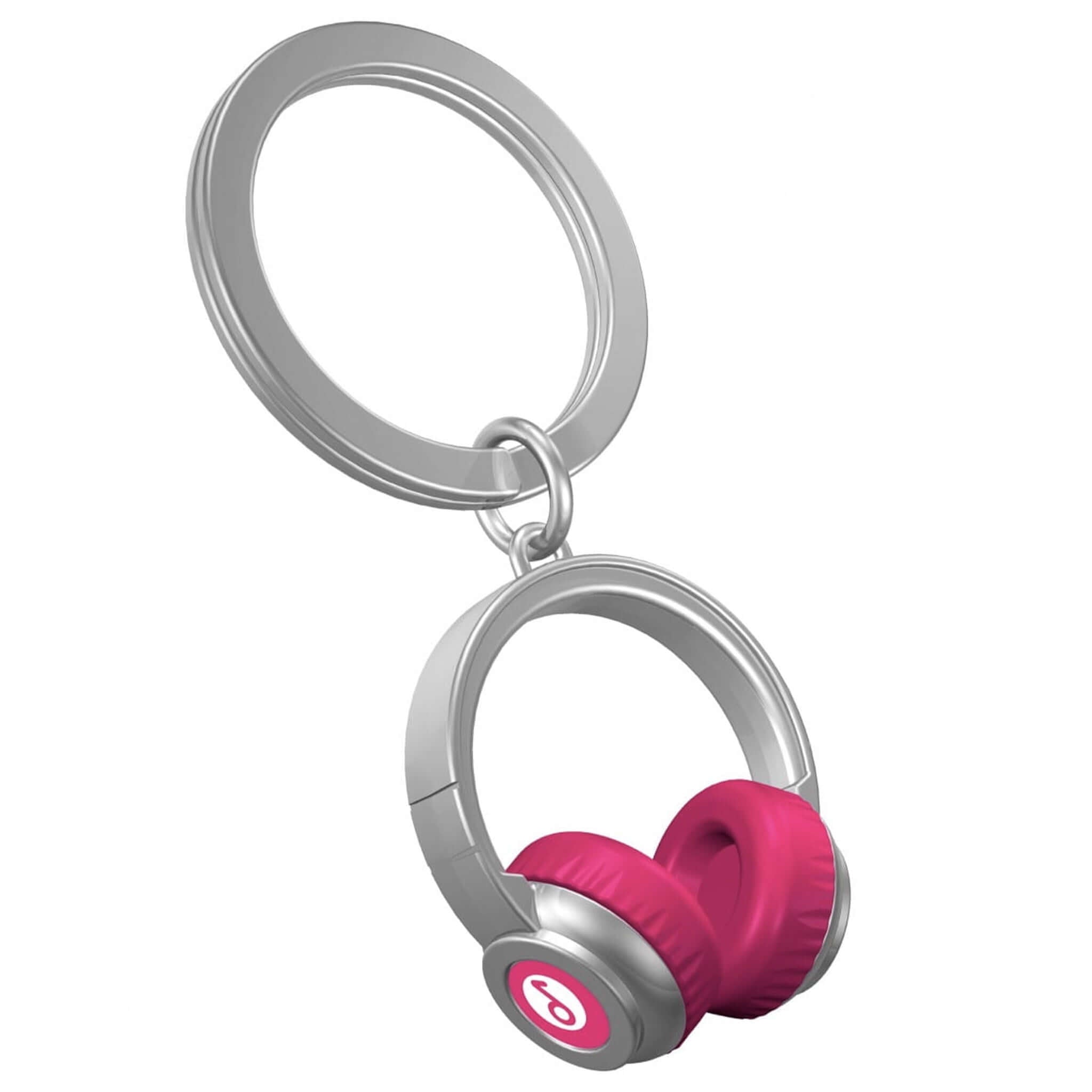 A keychain with a pink headphone design attached to a silver split ring.