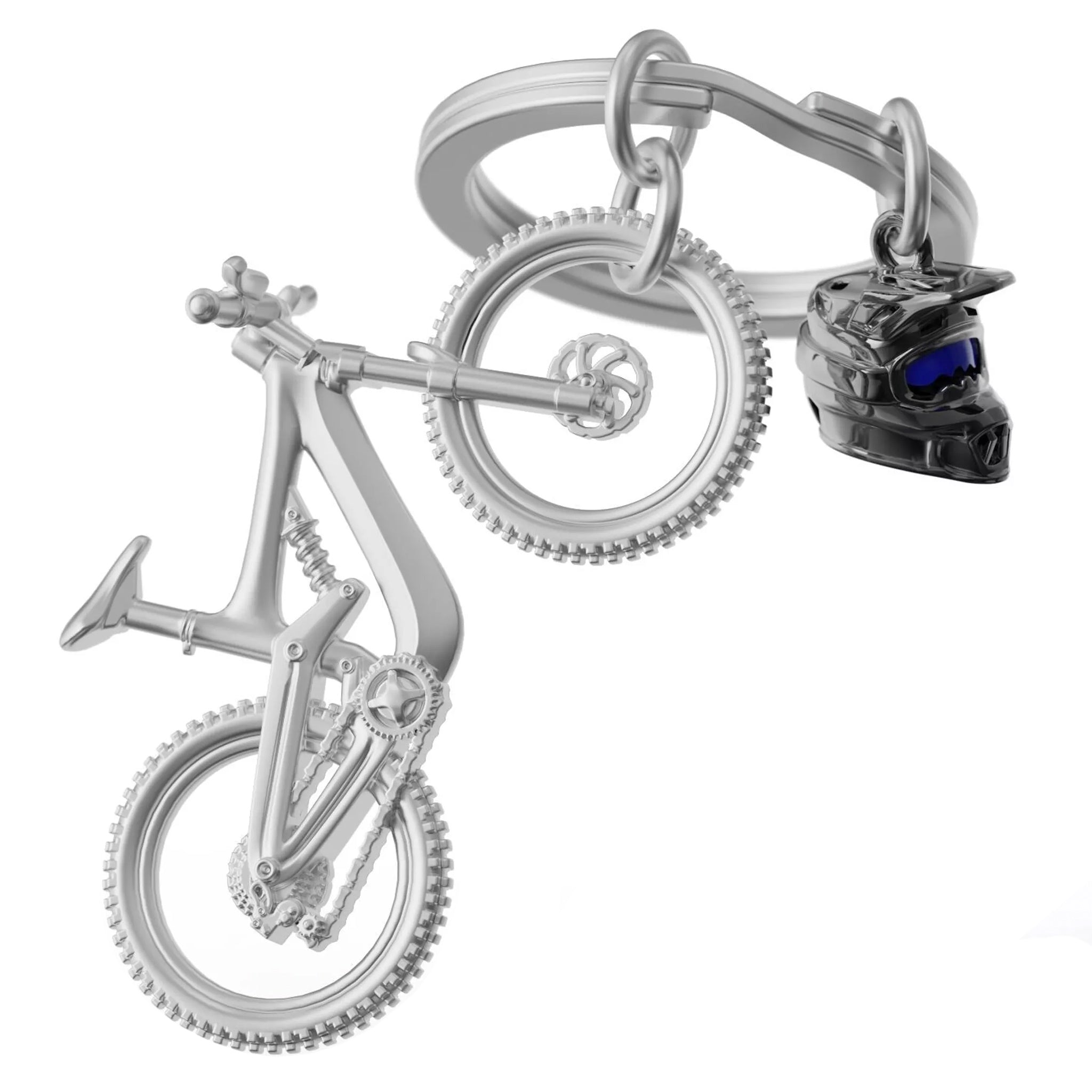 Silver keychain with bicycle and helmet charms on a white background
