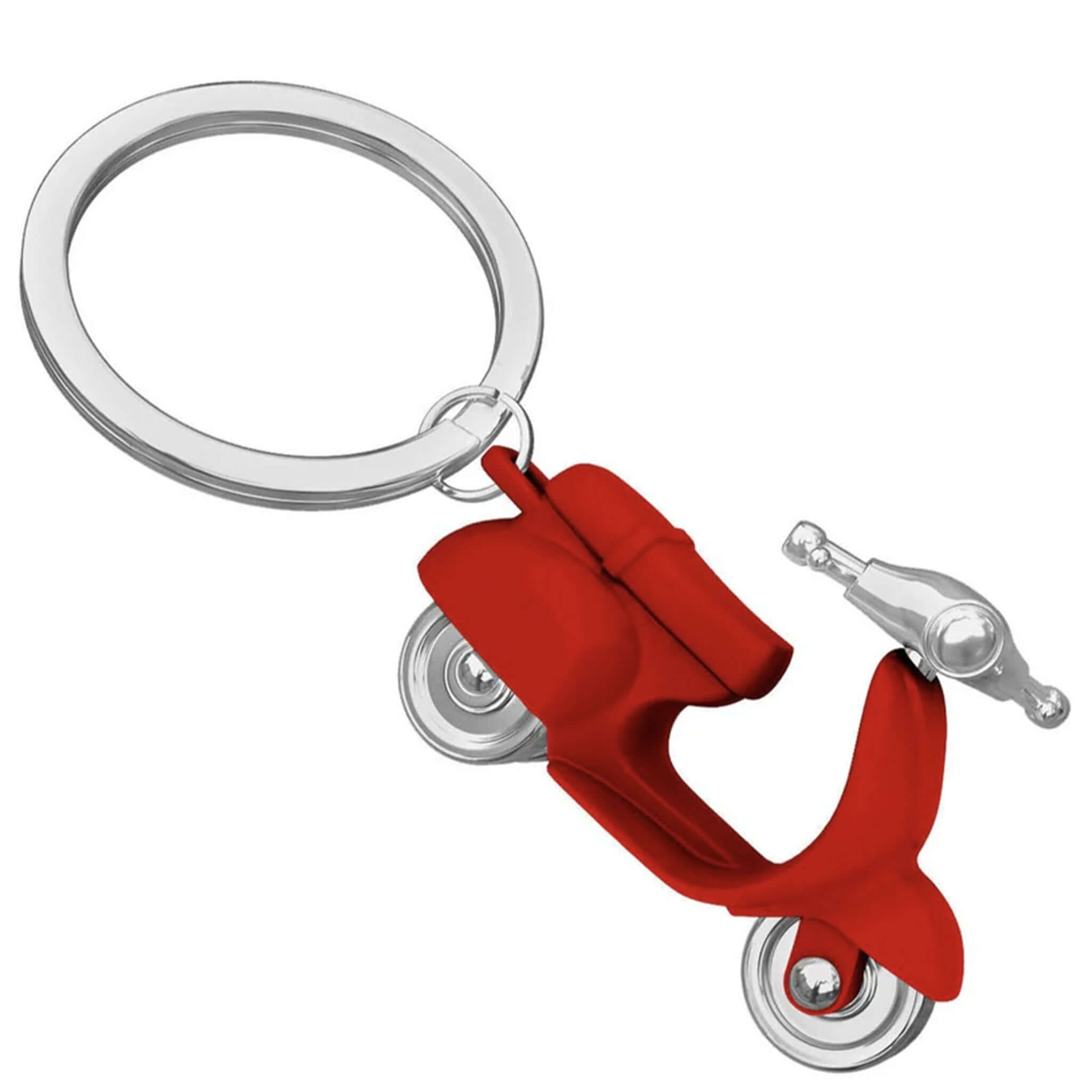 A red 3D keyring in the shape of a scooter with a silver split ring attached to it.
