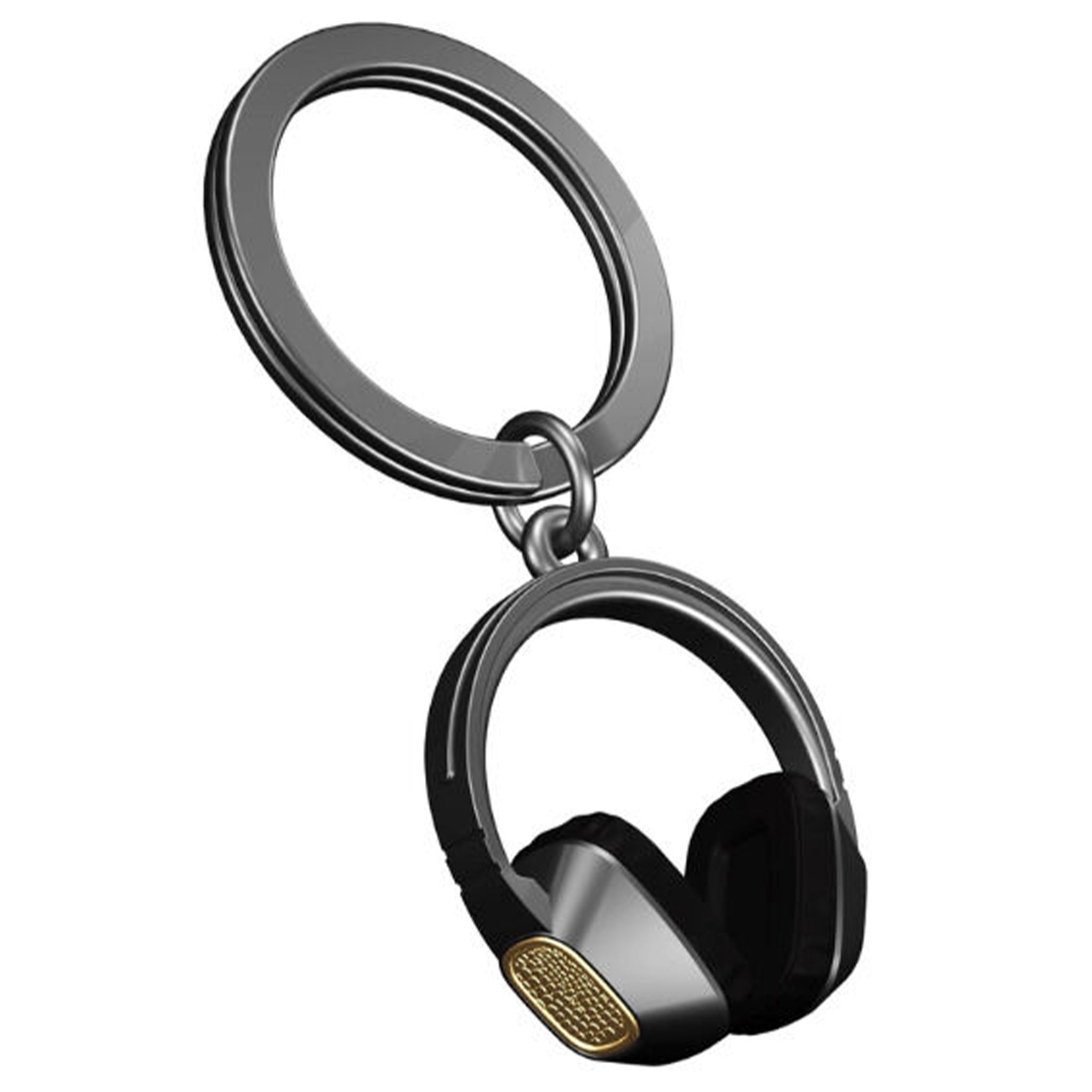 A 3D keyring designed to look like vintage headphones, with a black and silver color scheme, featuring a split ring at the top.