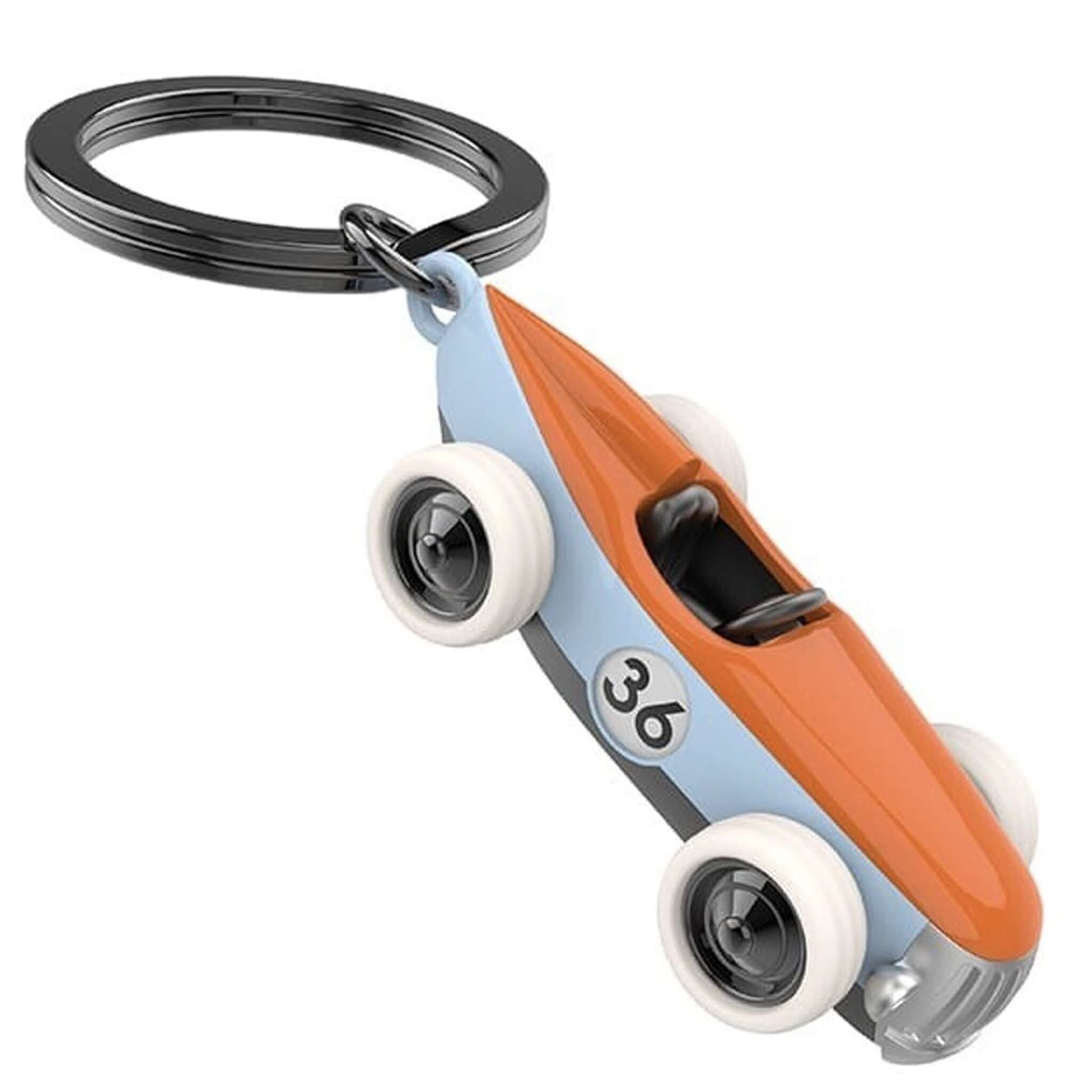 A 3D printed keychain in the shape of a vintage racer car with orange, blue, and white colors, featuring a steel split ring.
