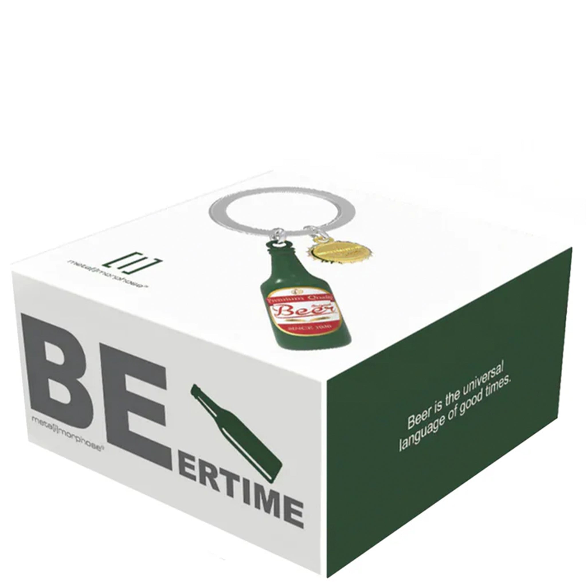Keychain with beer bottle design in a branded box on a white background