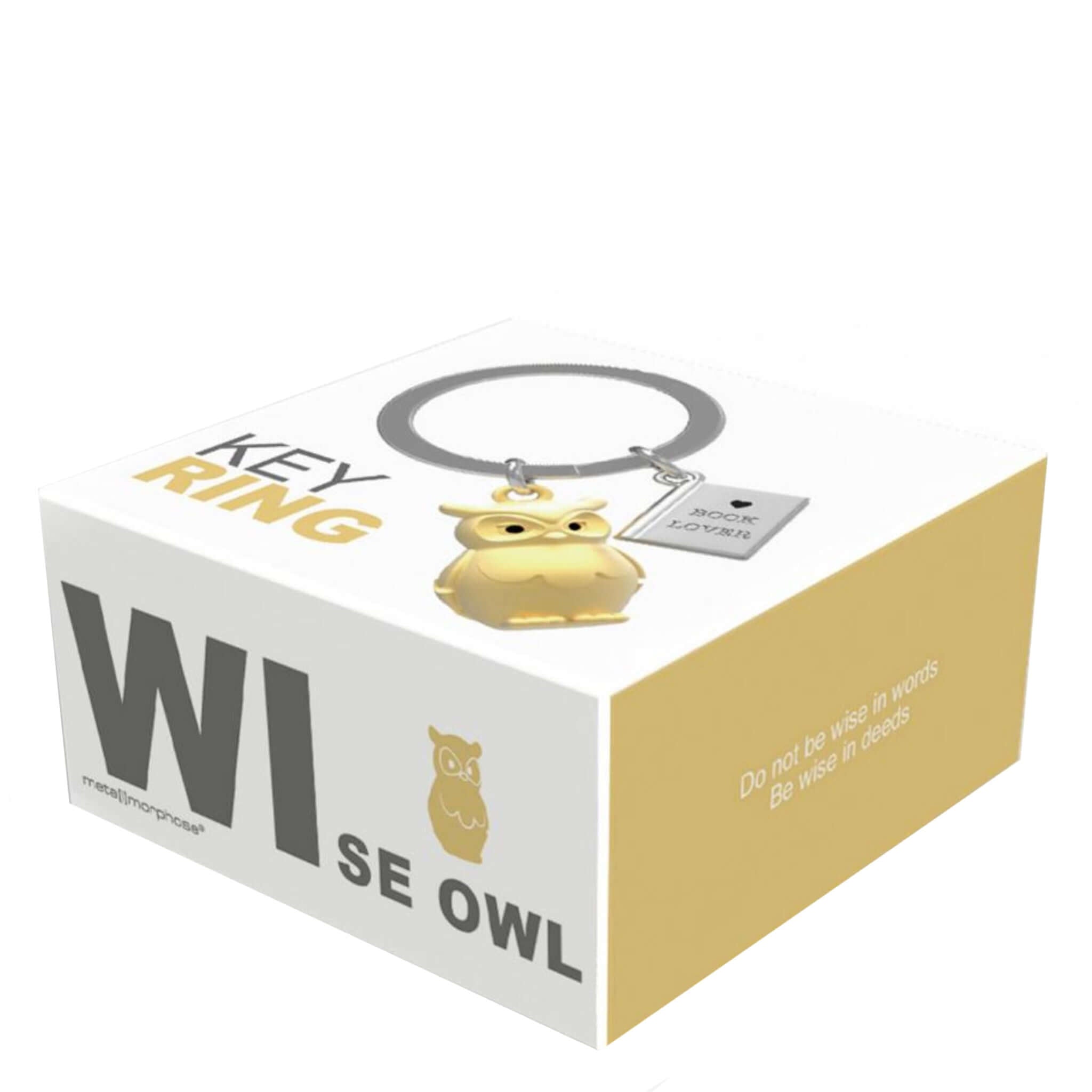 Gold owl keychain in a 'Wise Owl' branded box on a white background