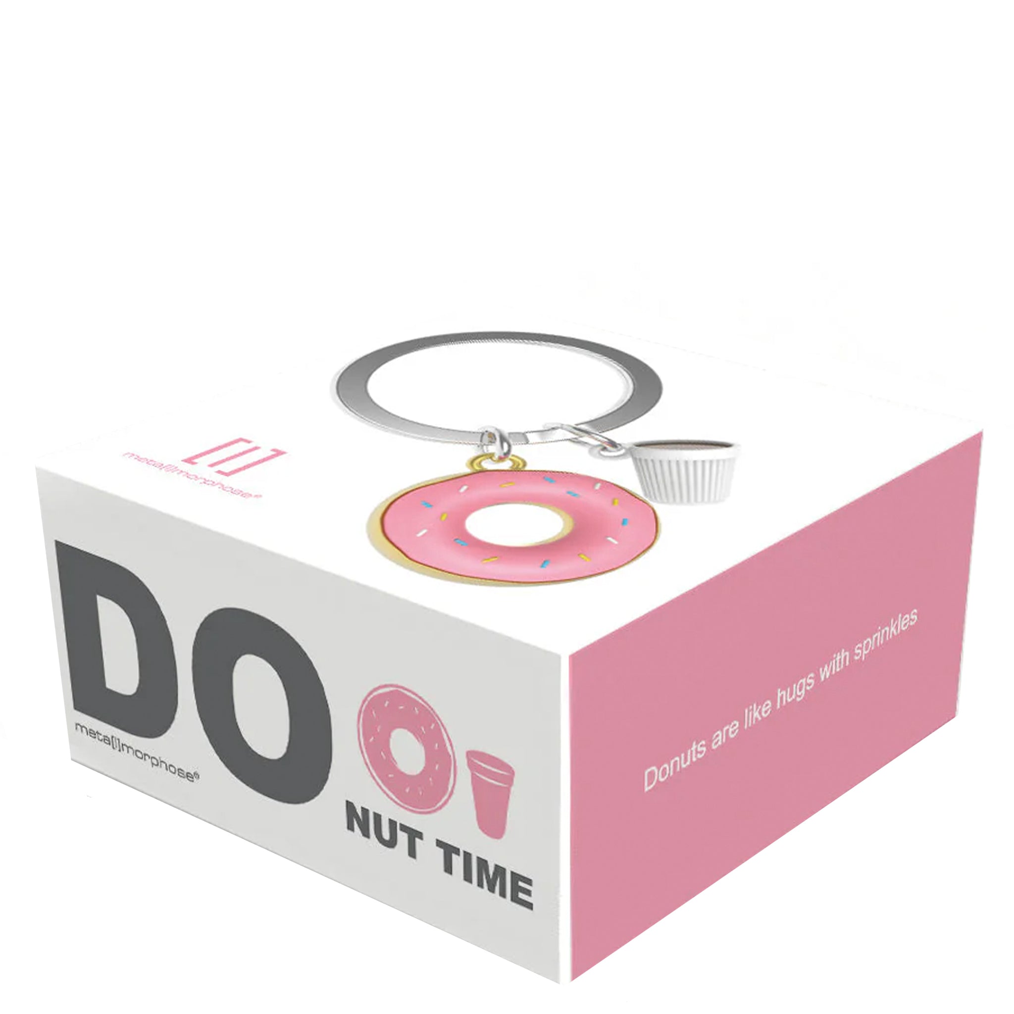Keychain with donut design in a branded box on a white background