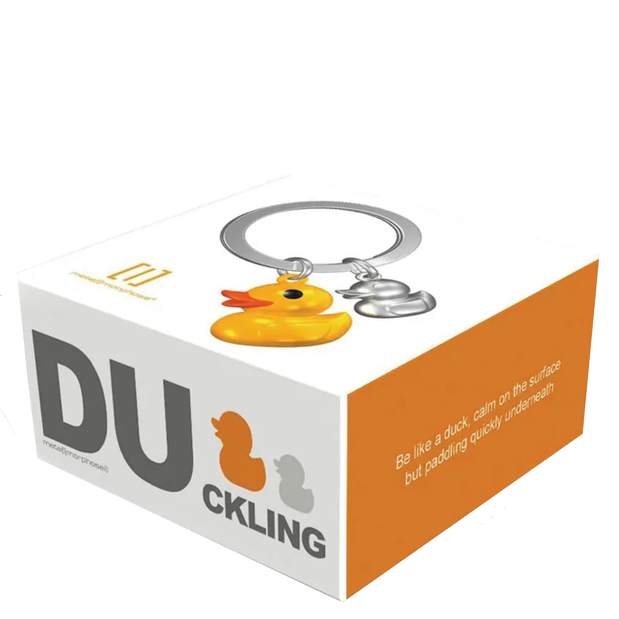 Keychain packaging with a yellow duck and silver keyring on a white and orange box.