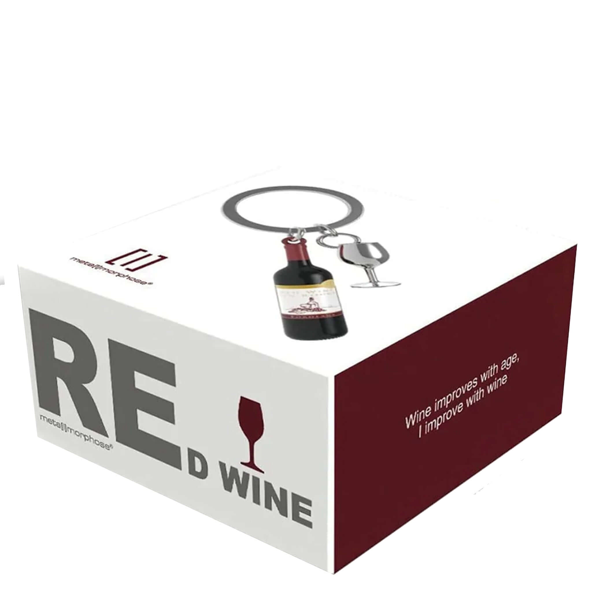 Keychain with wine bottle design on a branded card