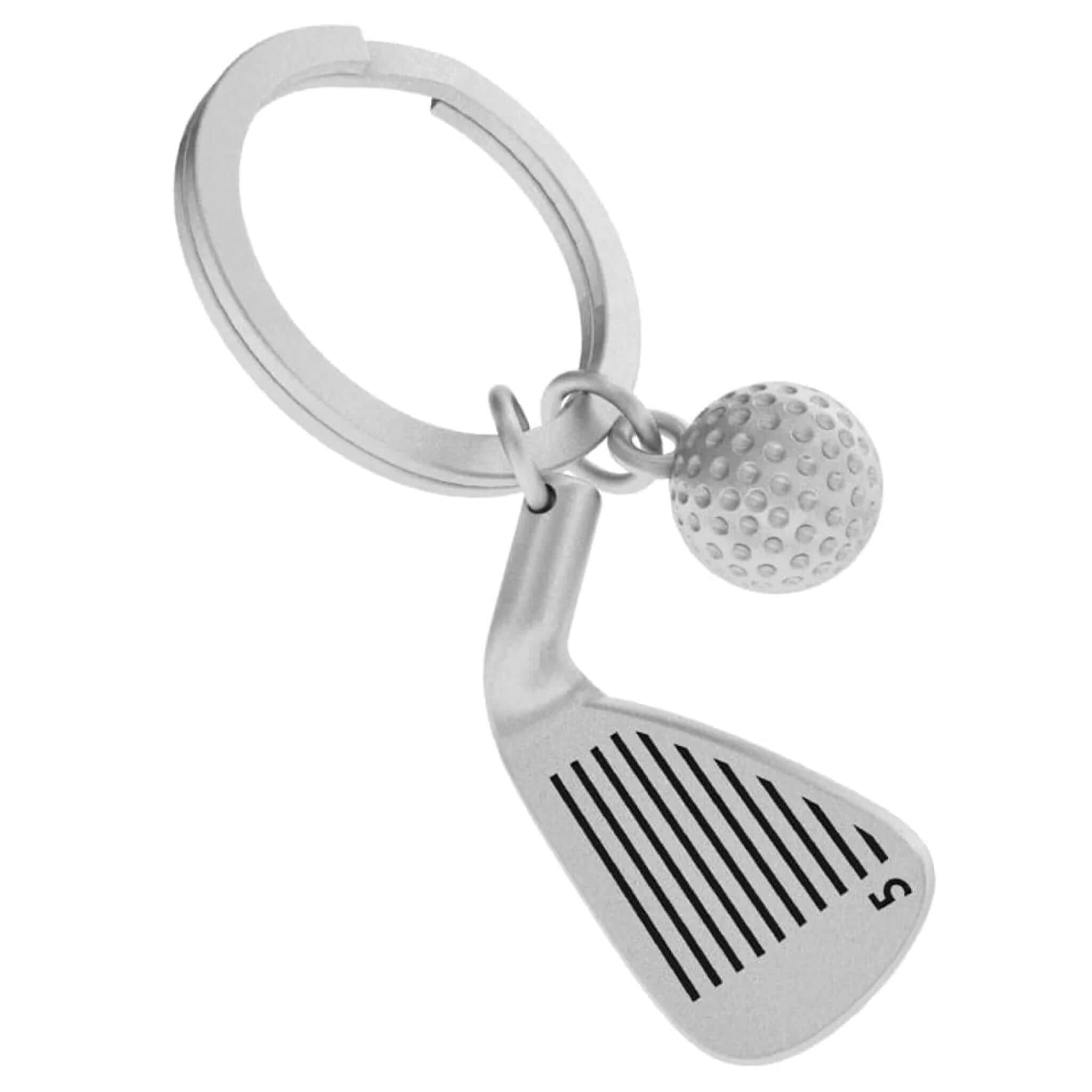 Golf club and golf ball keychain on a white background