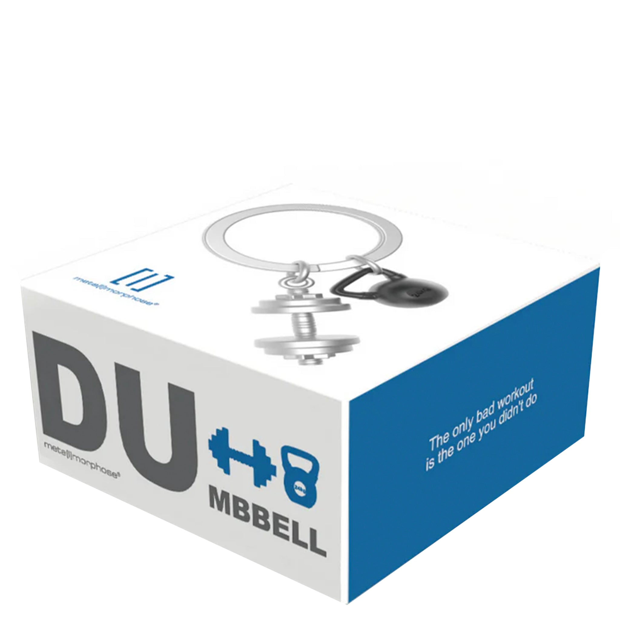 A 3D keyring designed to look like gym weights, with a silver split ring and black accents.