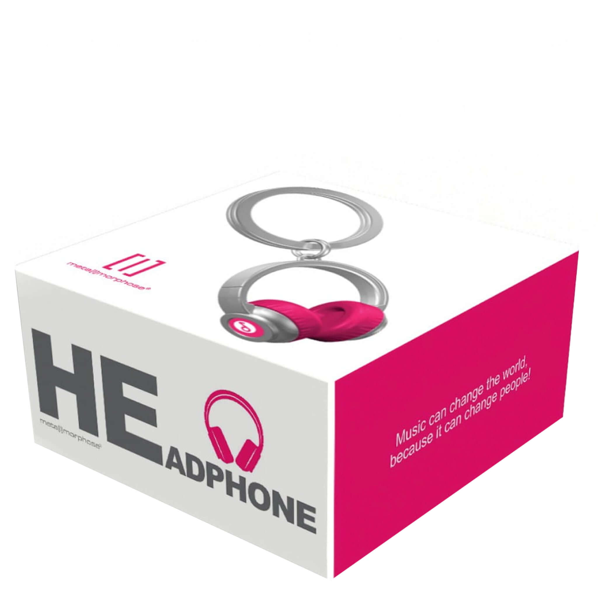 A keychain with a pink headphone design attached to a silver split ring in a box.