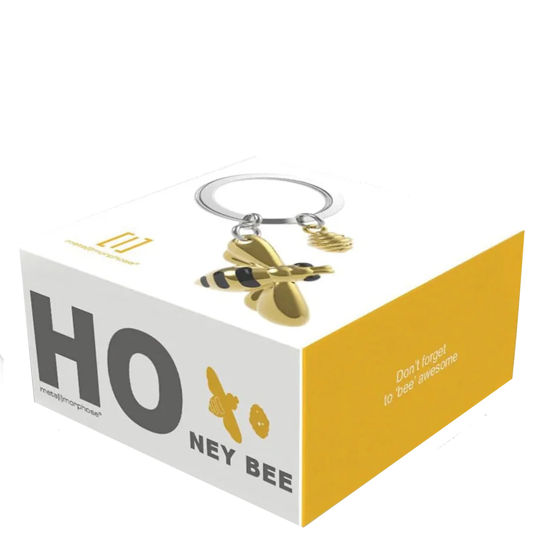Gold honey bee keychain on a white and yellow box with text