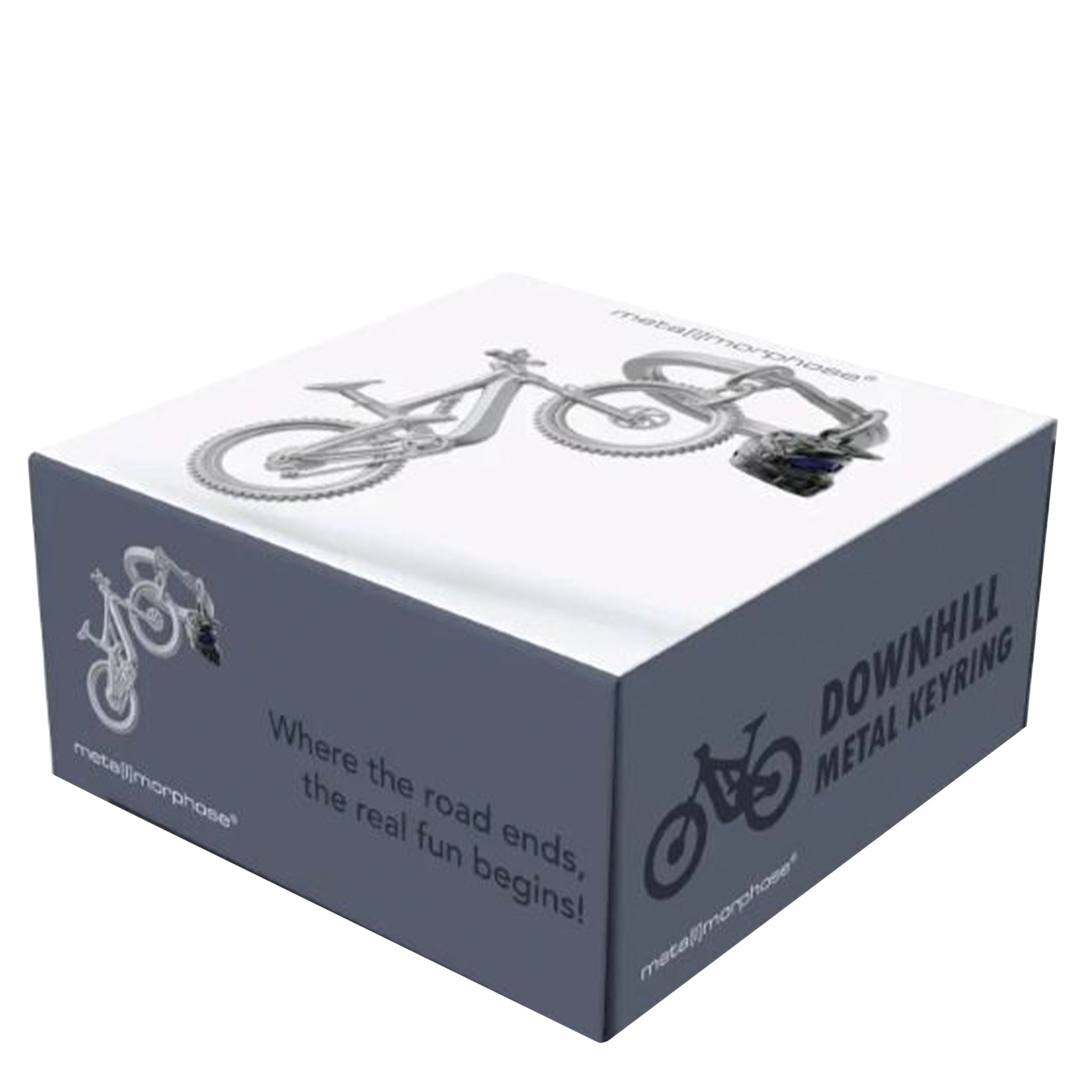 Box packaging for 'Downhill Metal Keyring' with bicycle graphics and text on a white background