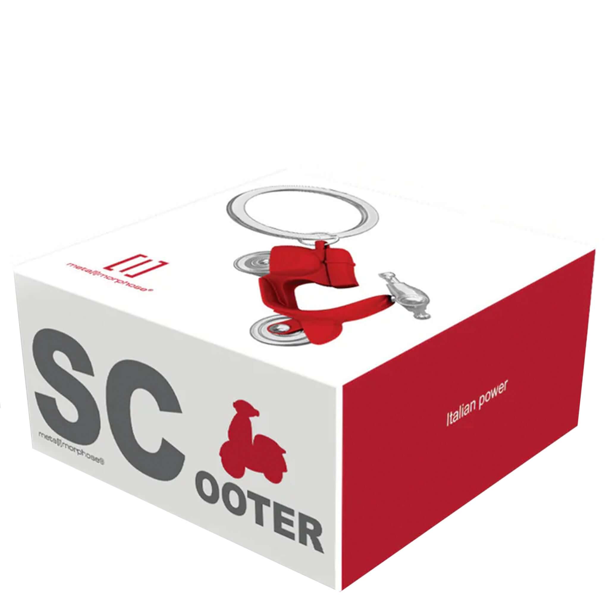 Box containing a red 3D keyring in the shape of a scooter with a silver split ring attached to it.