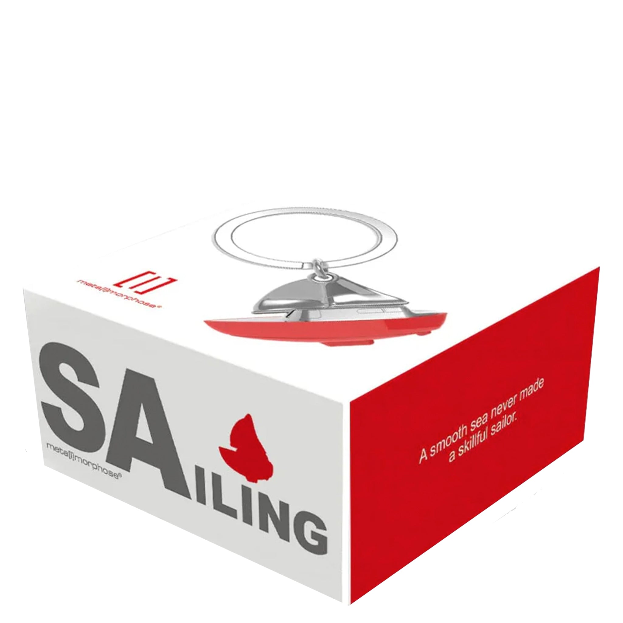 Sailing-themed product packaging with a red and white design on a white background