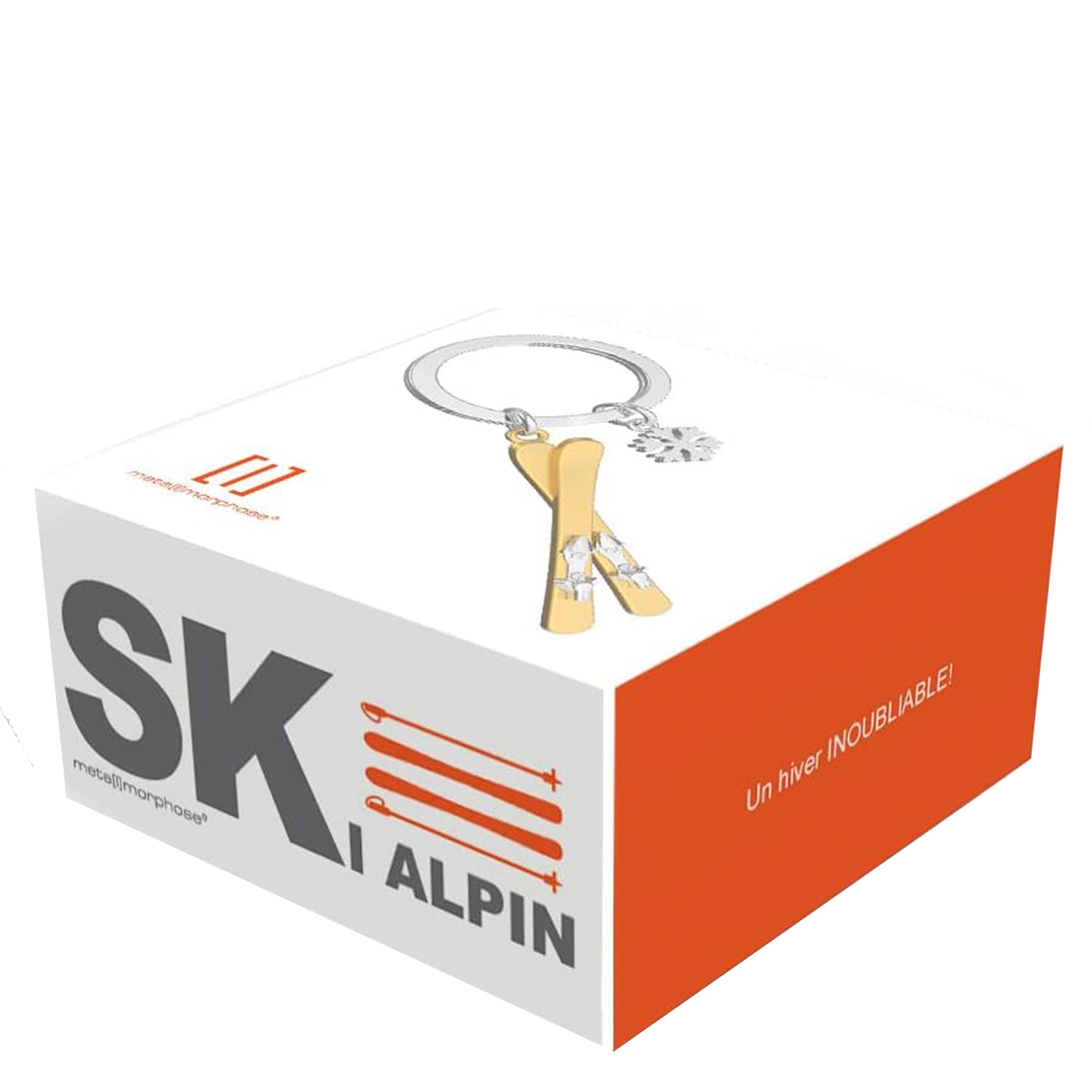 Keychain with ski design on a branded box
