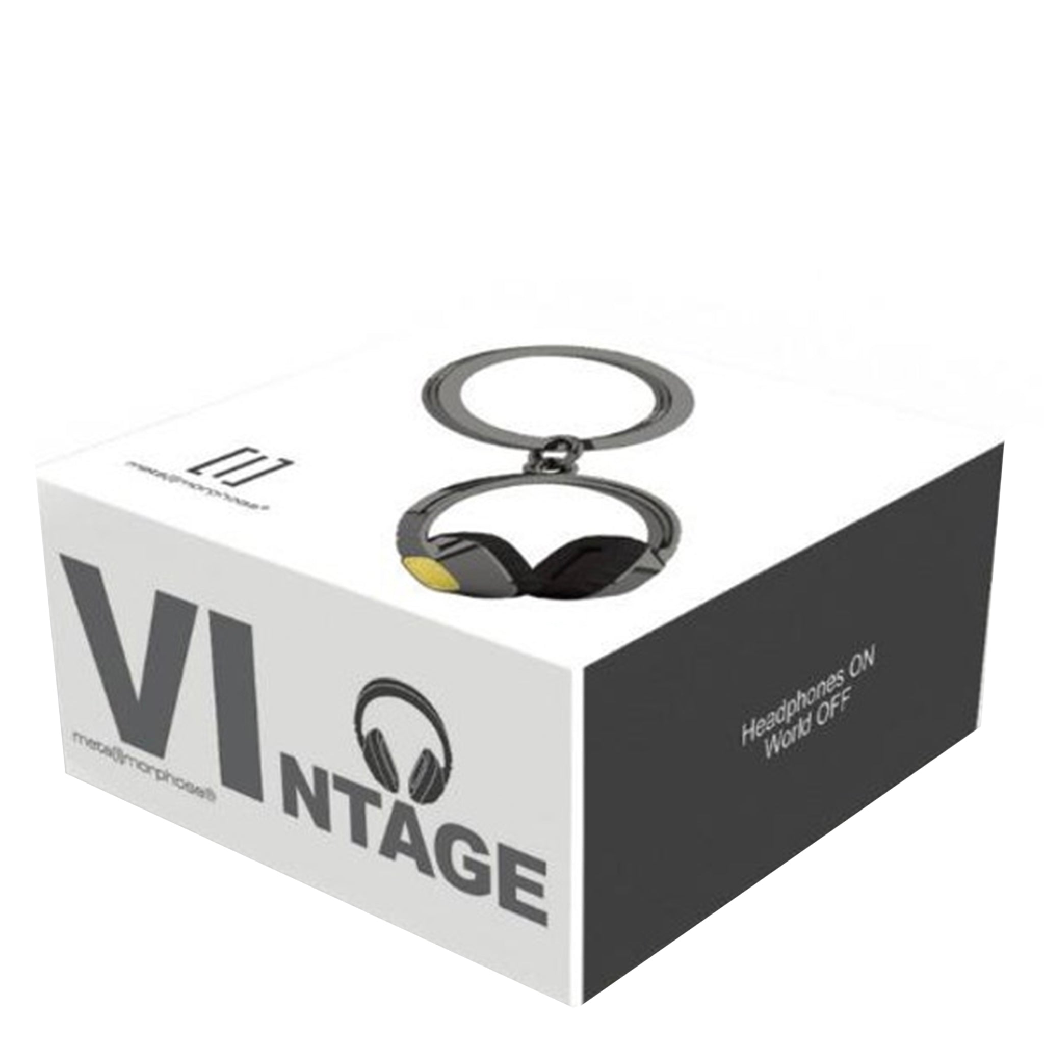 Box containing a 3D keyring designed to look like vintage headphones, with a black and silver color scheme, featuring a split ring at the top.