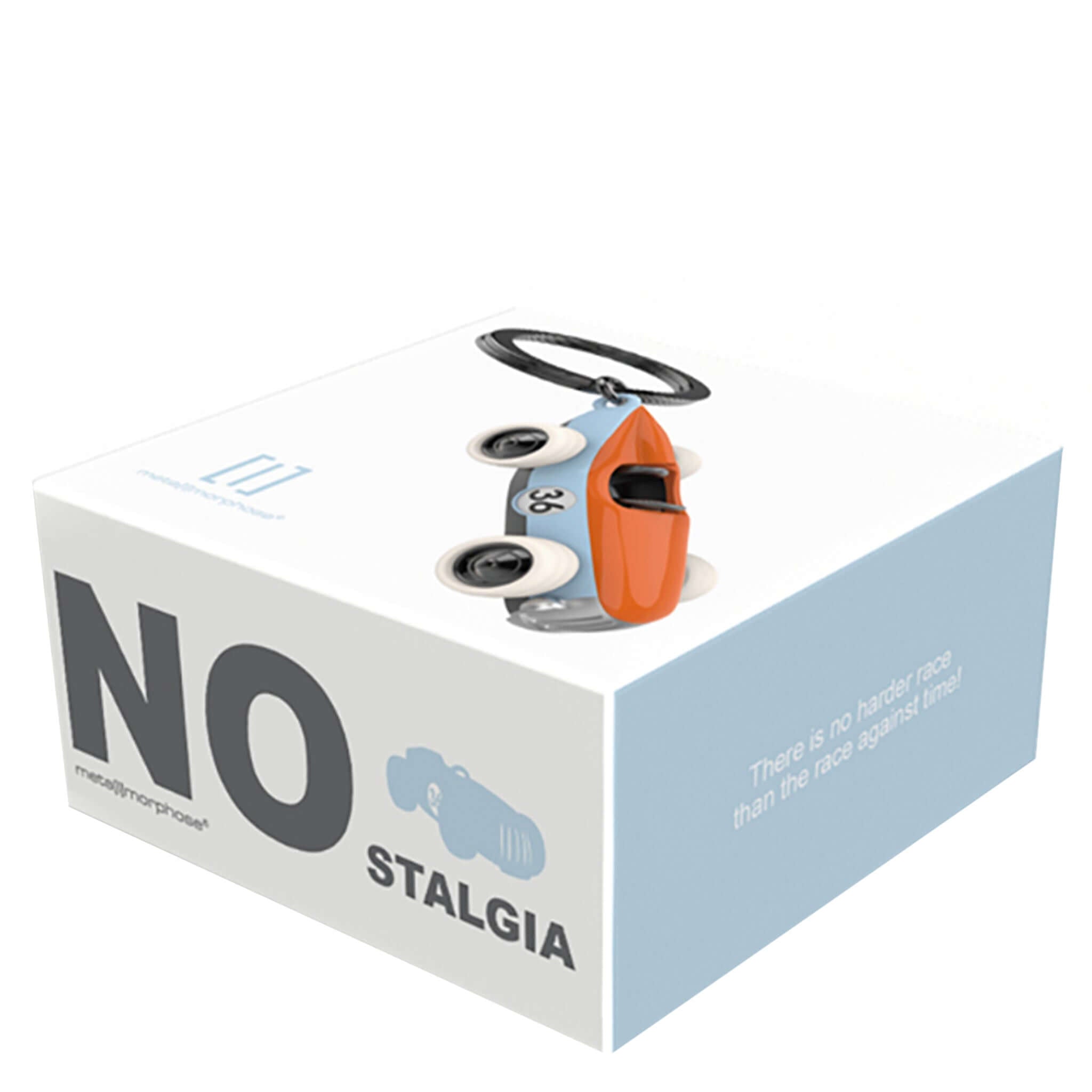 Box containing a 3D printed keychain in the shape of a vintage racer car with orange, blue, and white colors, featuring a steel split ring.