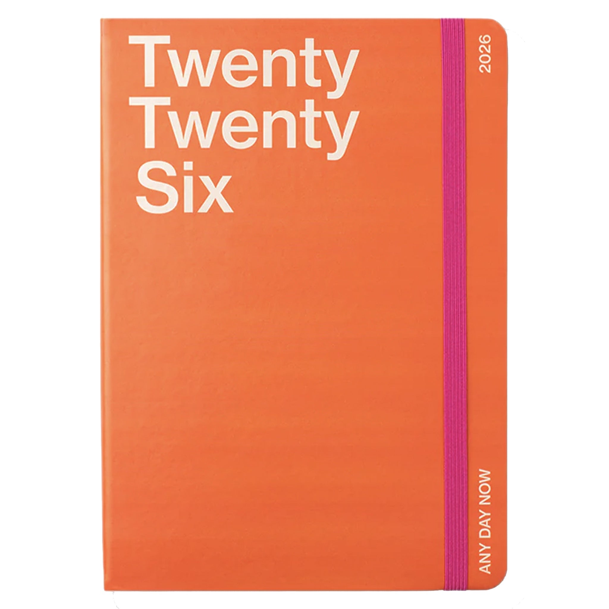 Orange planner with 'Twenty Twenty Six' text and a purple strap on a white background