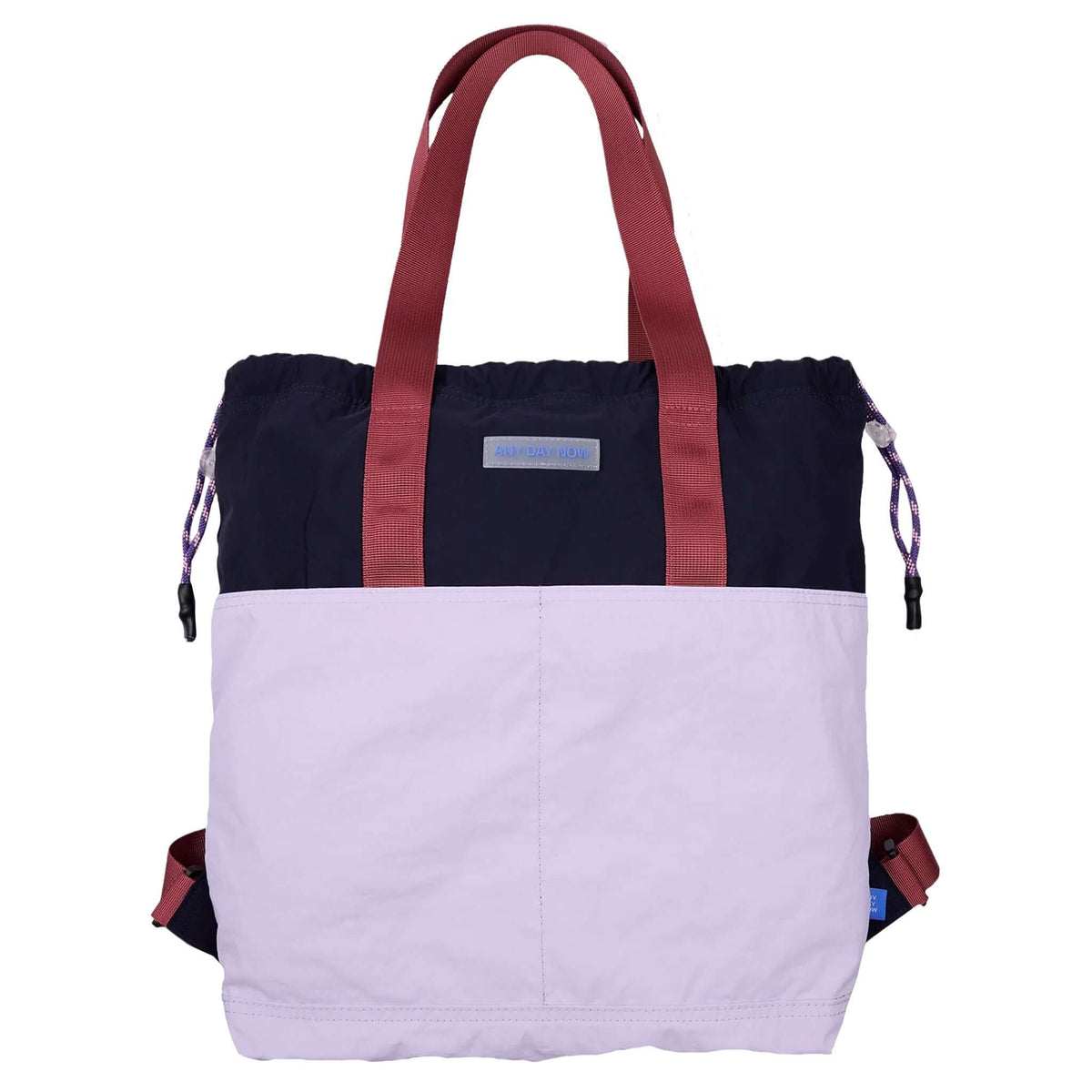 Milligram Any Day Now Any Day Backpack - Lilac & Plum, lightweight colorblock design with raspberry webbing.