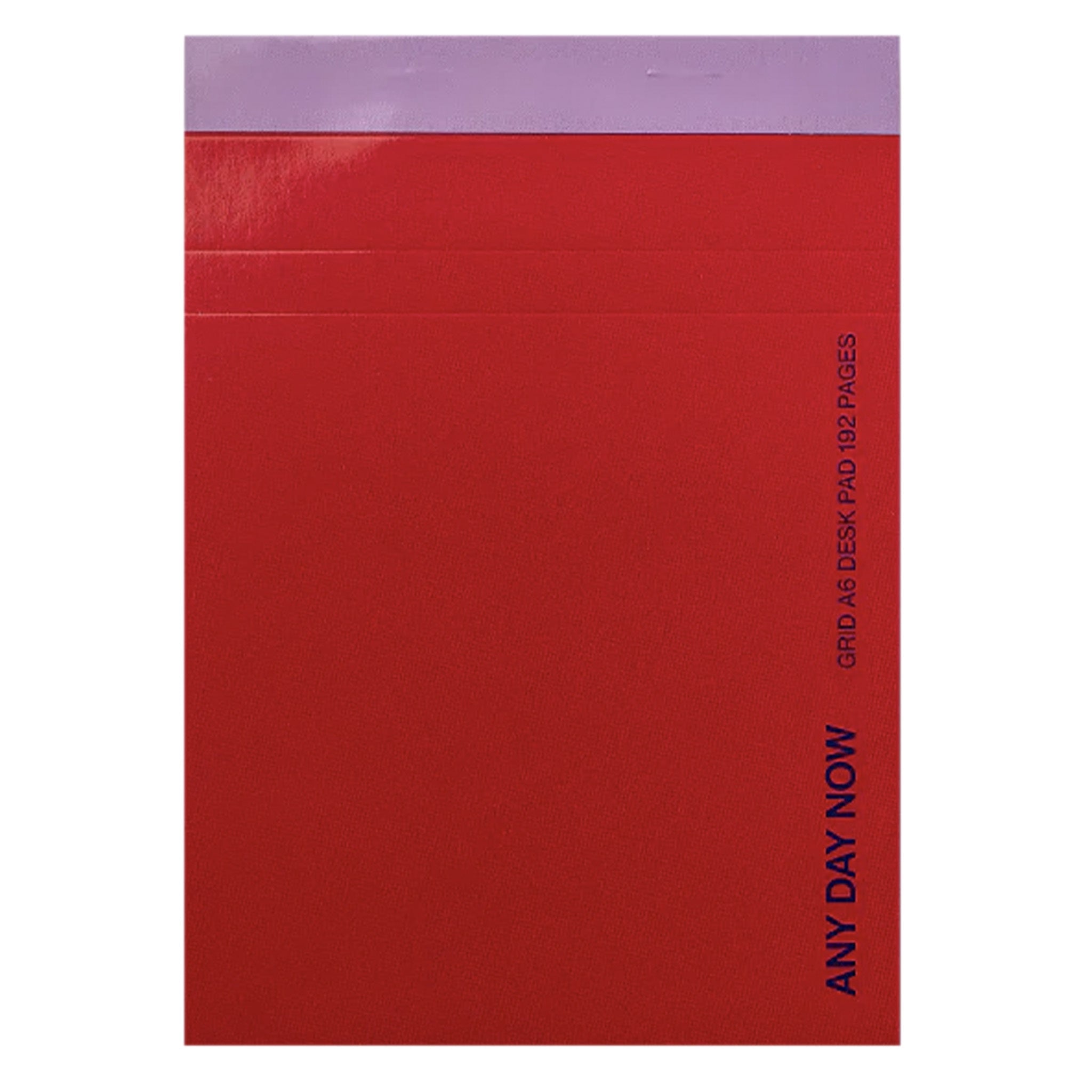 Red notebook with 'Any Day Now' branding on a white background