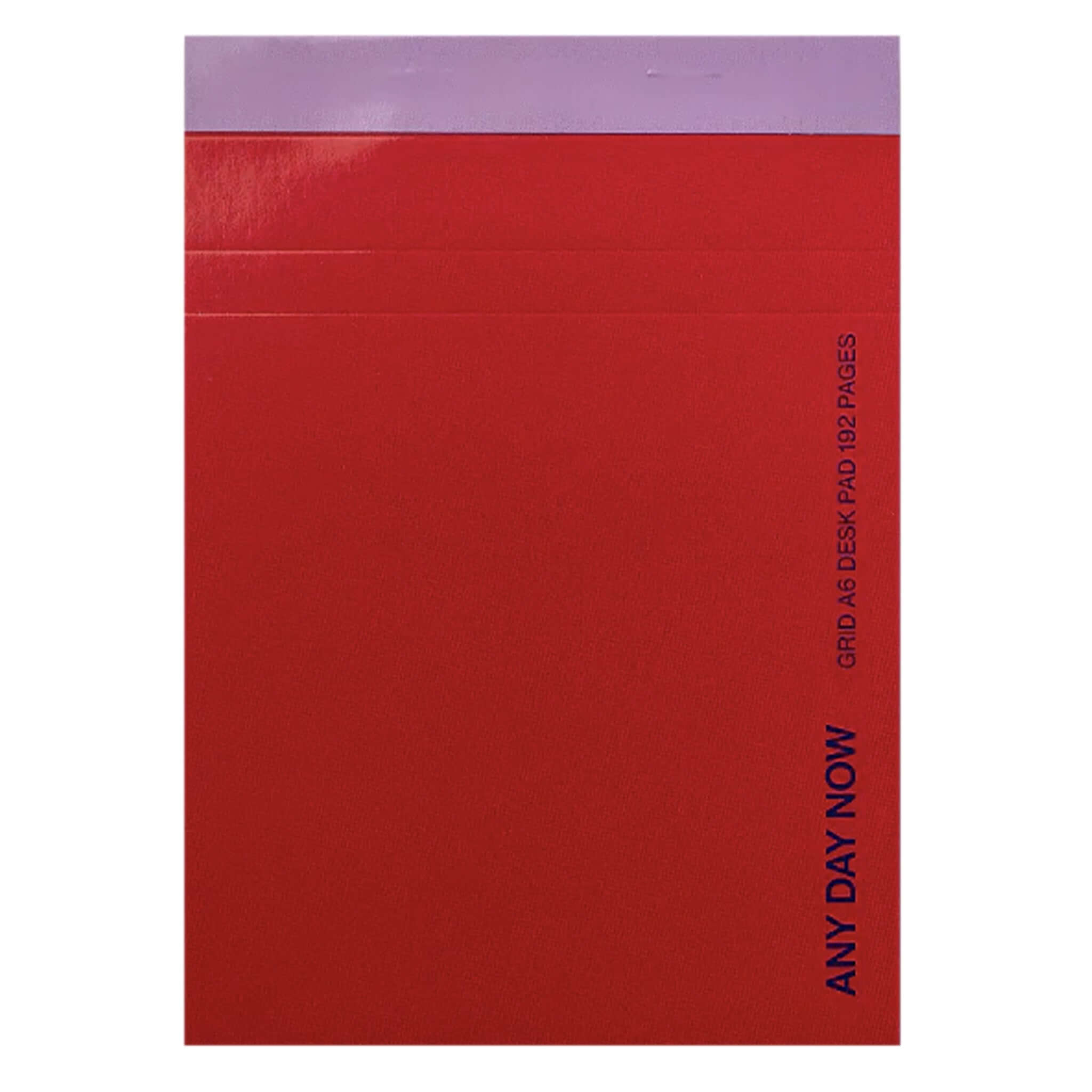 Red notebook with 'Any Day Now' branding on a white background