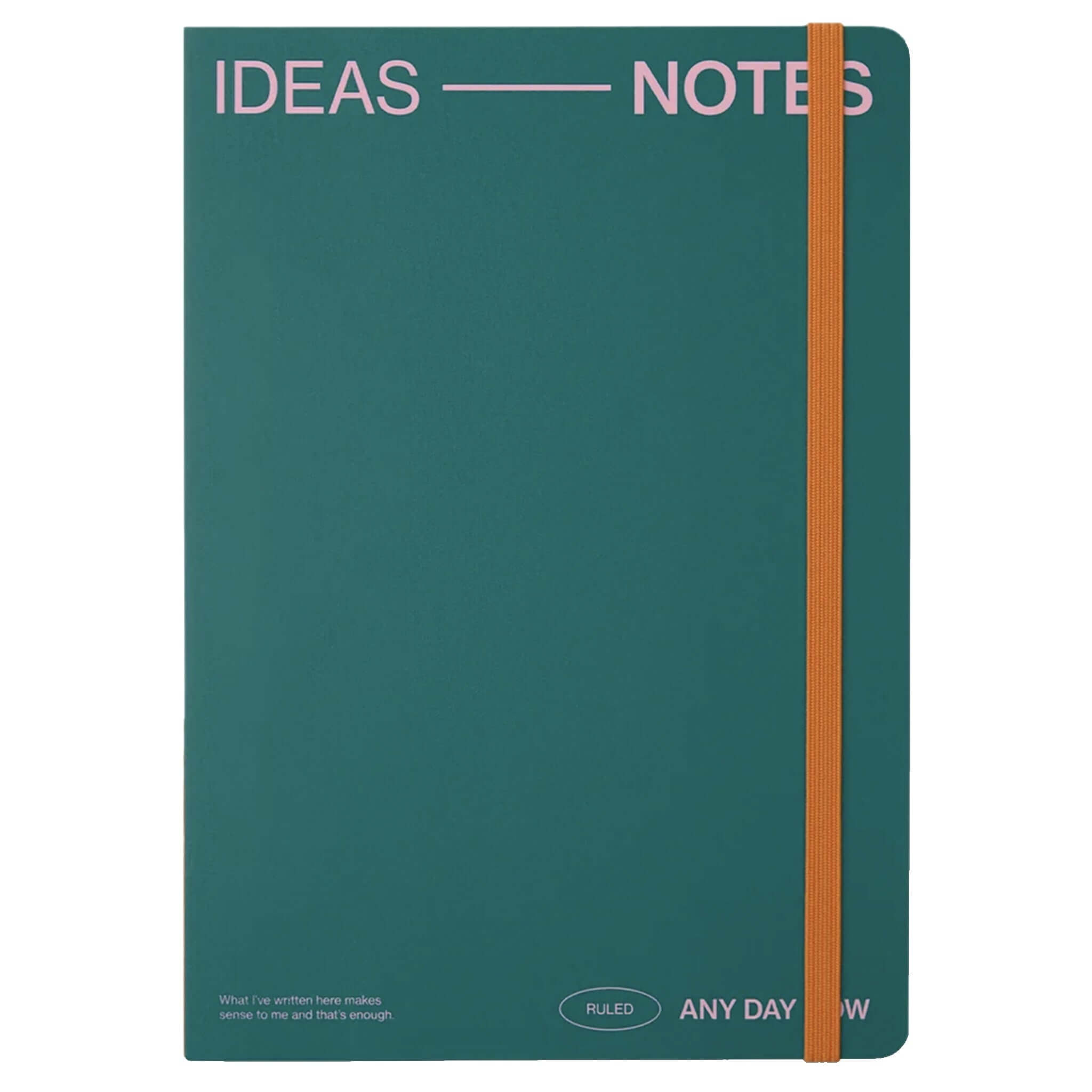 Milligram Any Day Now Open Bound A5 Ruled Notebook - Teal with elastic closure in orange.