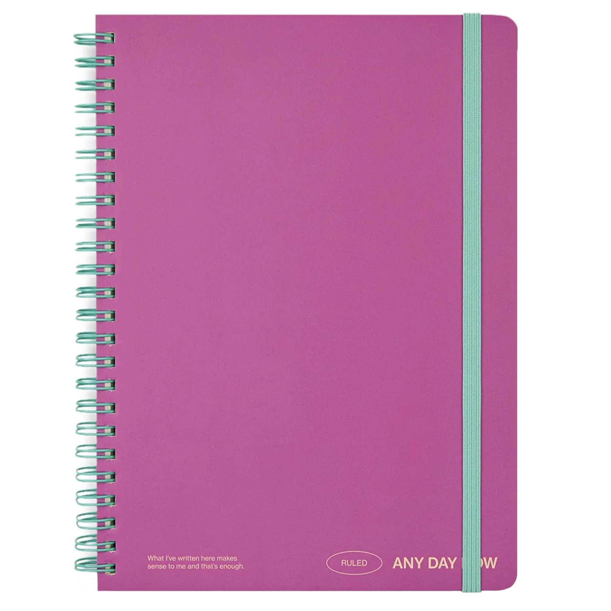 Milligram Any Day Now Spiral Ruled A5 Notebook - Magenta with a mint green spiral and teal elastic closure.
