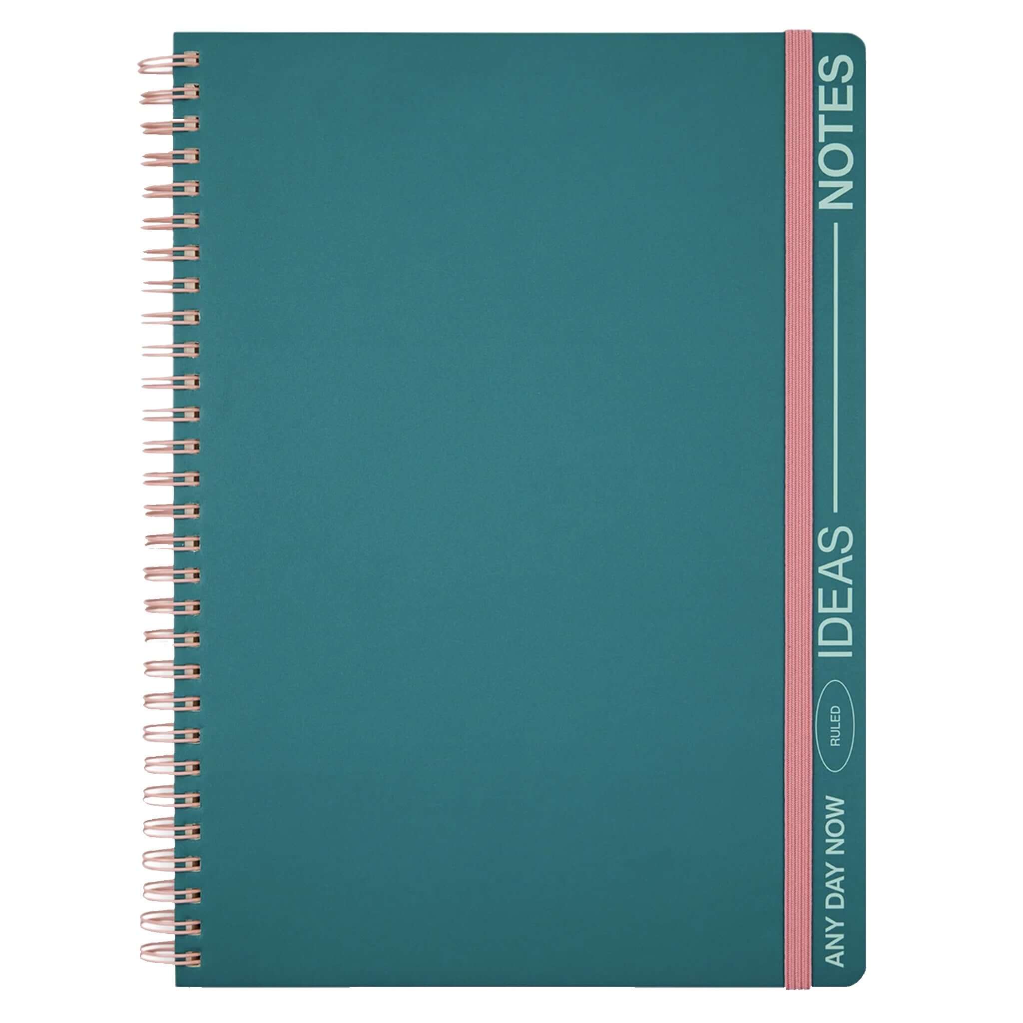 Milligram Any Day Now Spiral Ruled B5 Notebook - Teal with rose gold spiral and coral elastic closure