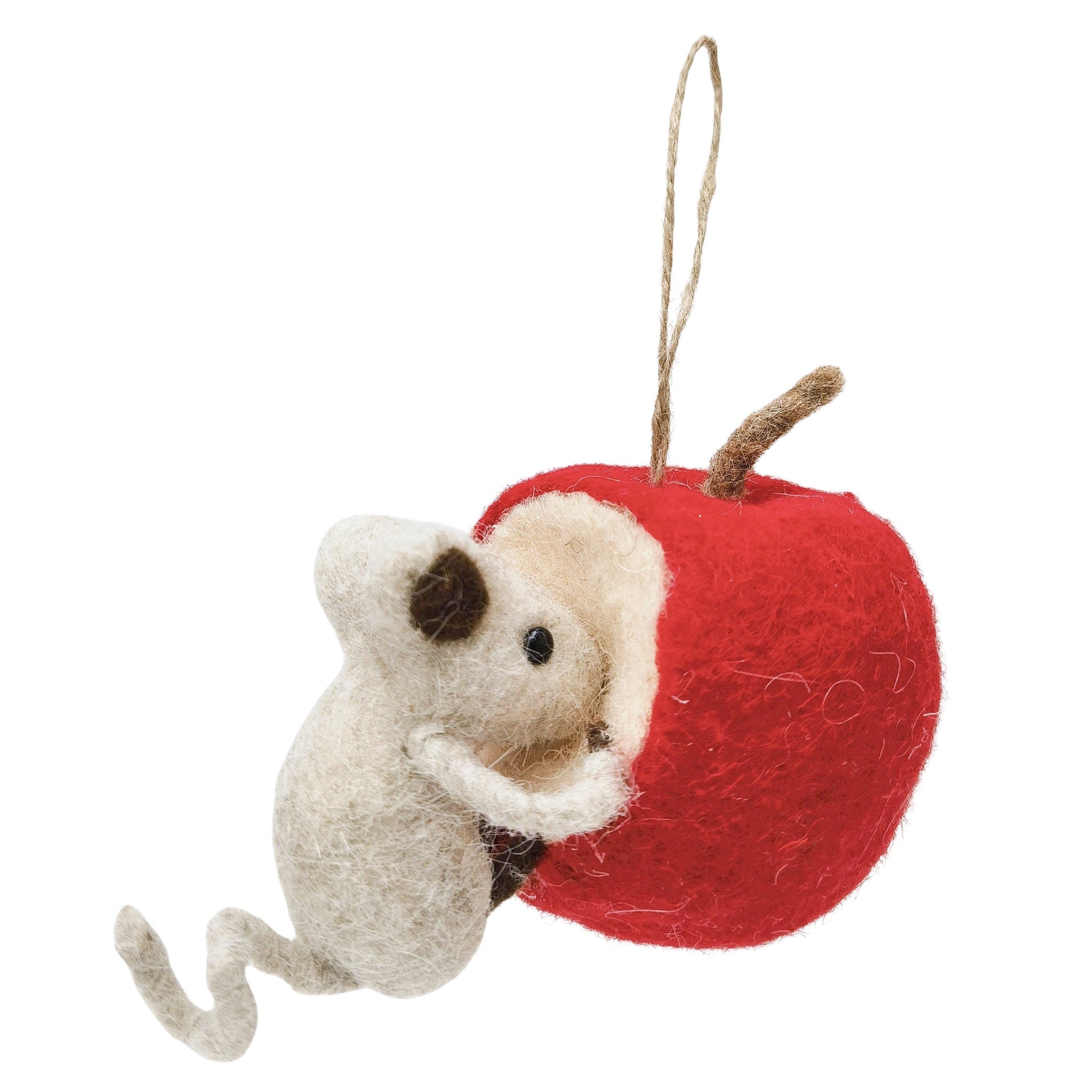 Felted mouse and apple ornament on a white background