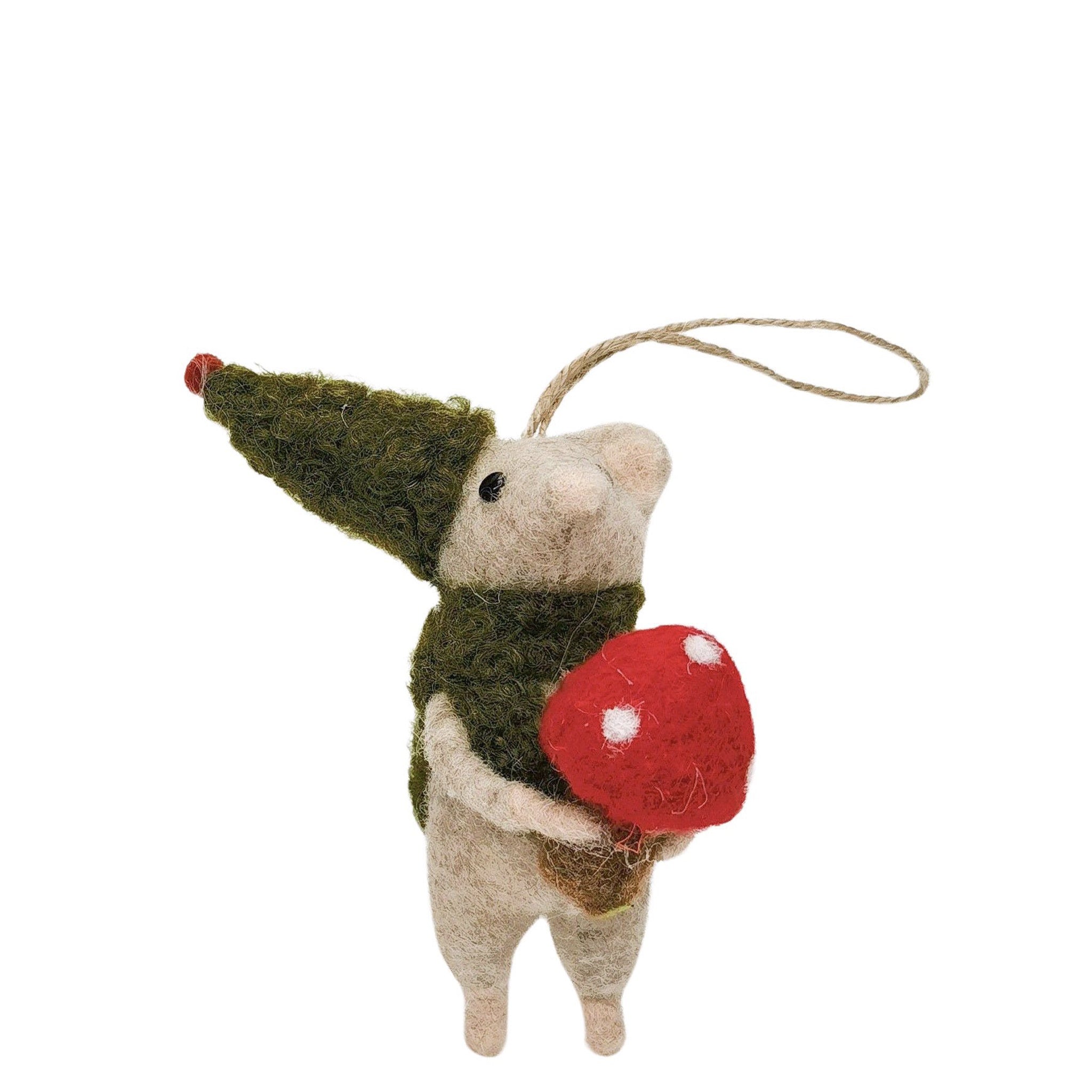Felted mouse ornament with green hat and red mushroom on a white background