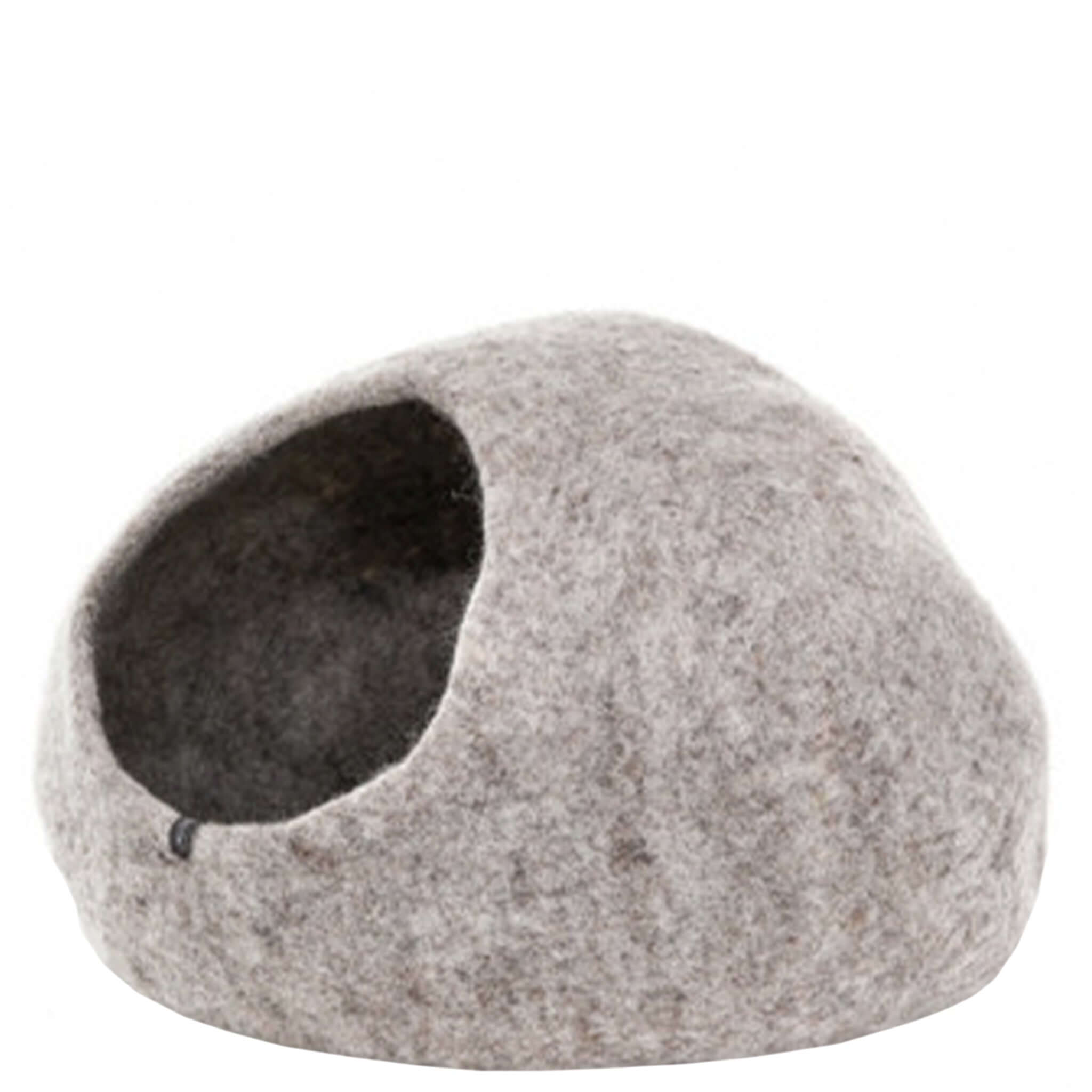 A light stone-colored felt cat basket with an entrance hole on the side.