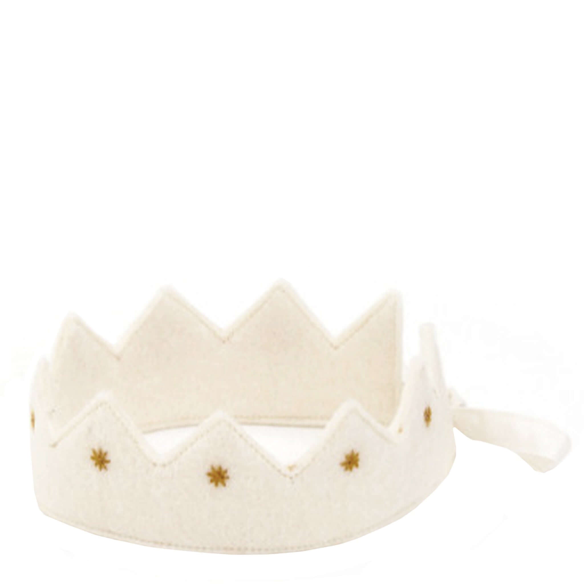 A white felt crown with gold stars and a cotton ribbon for tying, suitable for children and adults.