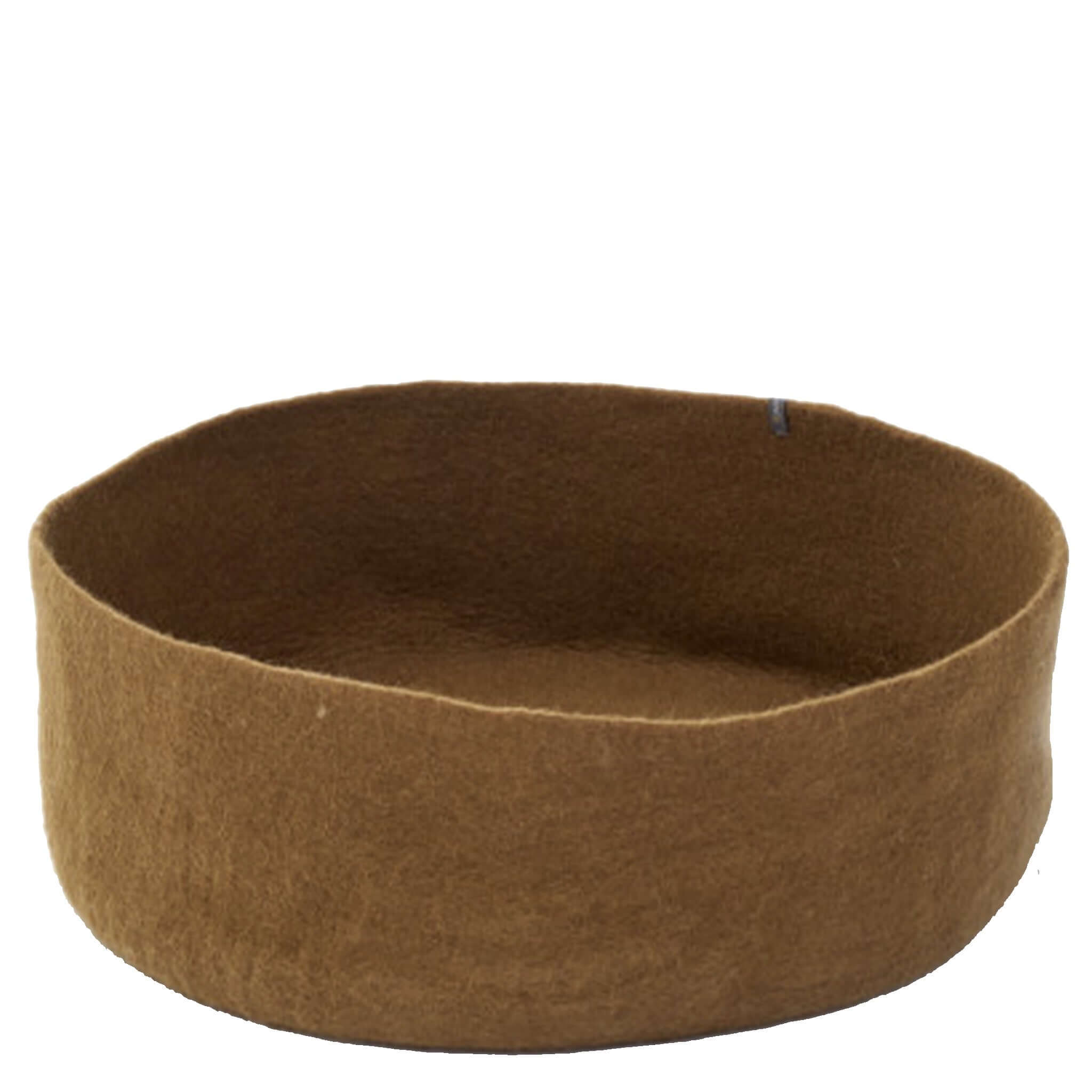 Alt Tag: Muskhane Felt Dog Basket - Mangrove wool felt round low pet bed in mangrove brown for small dogs and cats